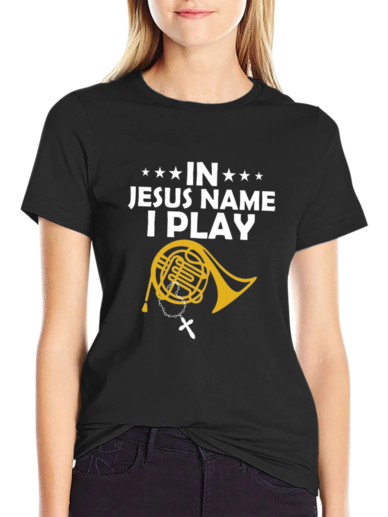 Black In Jesus Name I Play T-Shirt Religious Music Horn Tee view 2