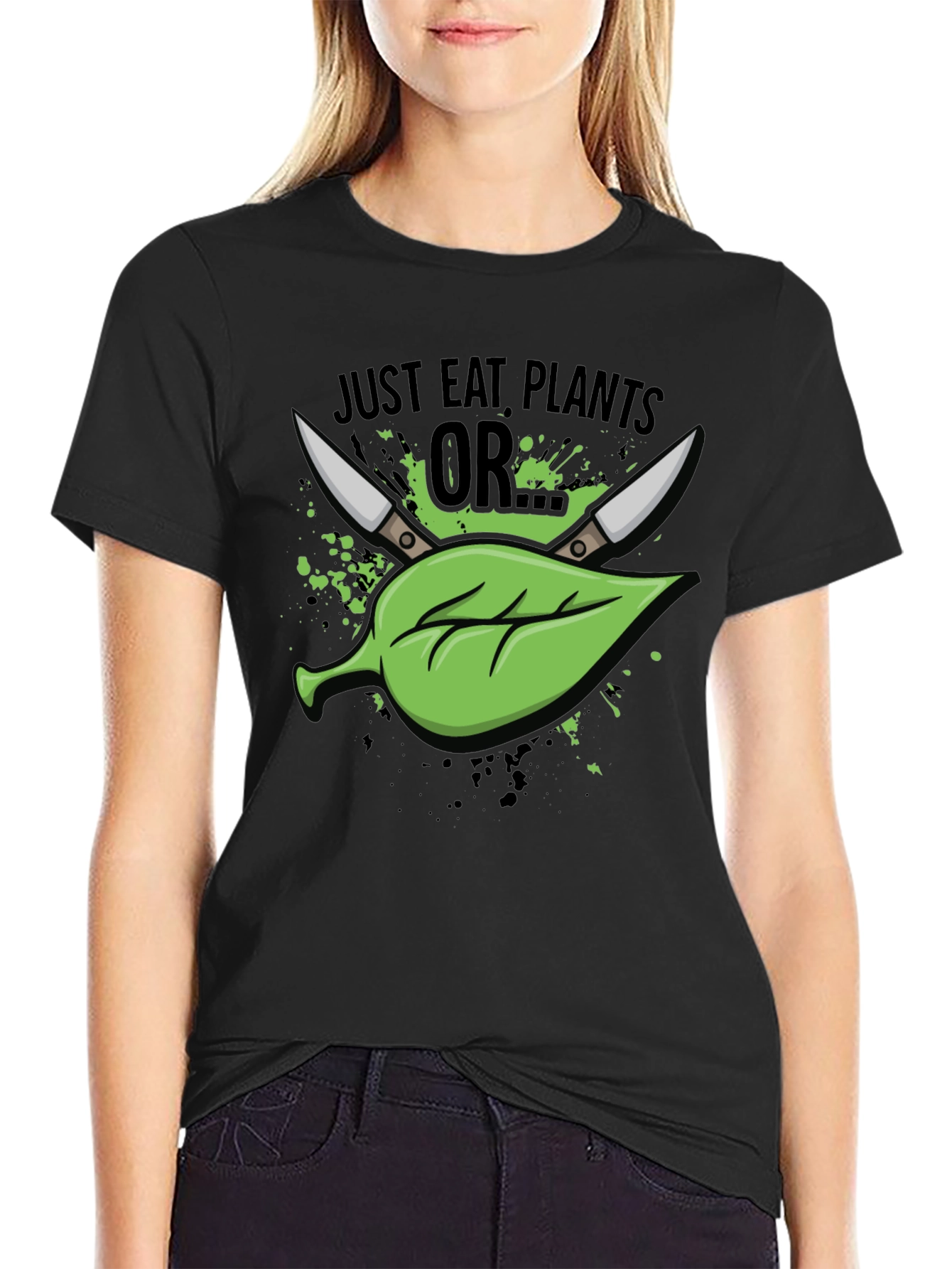 Black Just Eat Plants OR T-Shirt - Vegan Humor view 2
