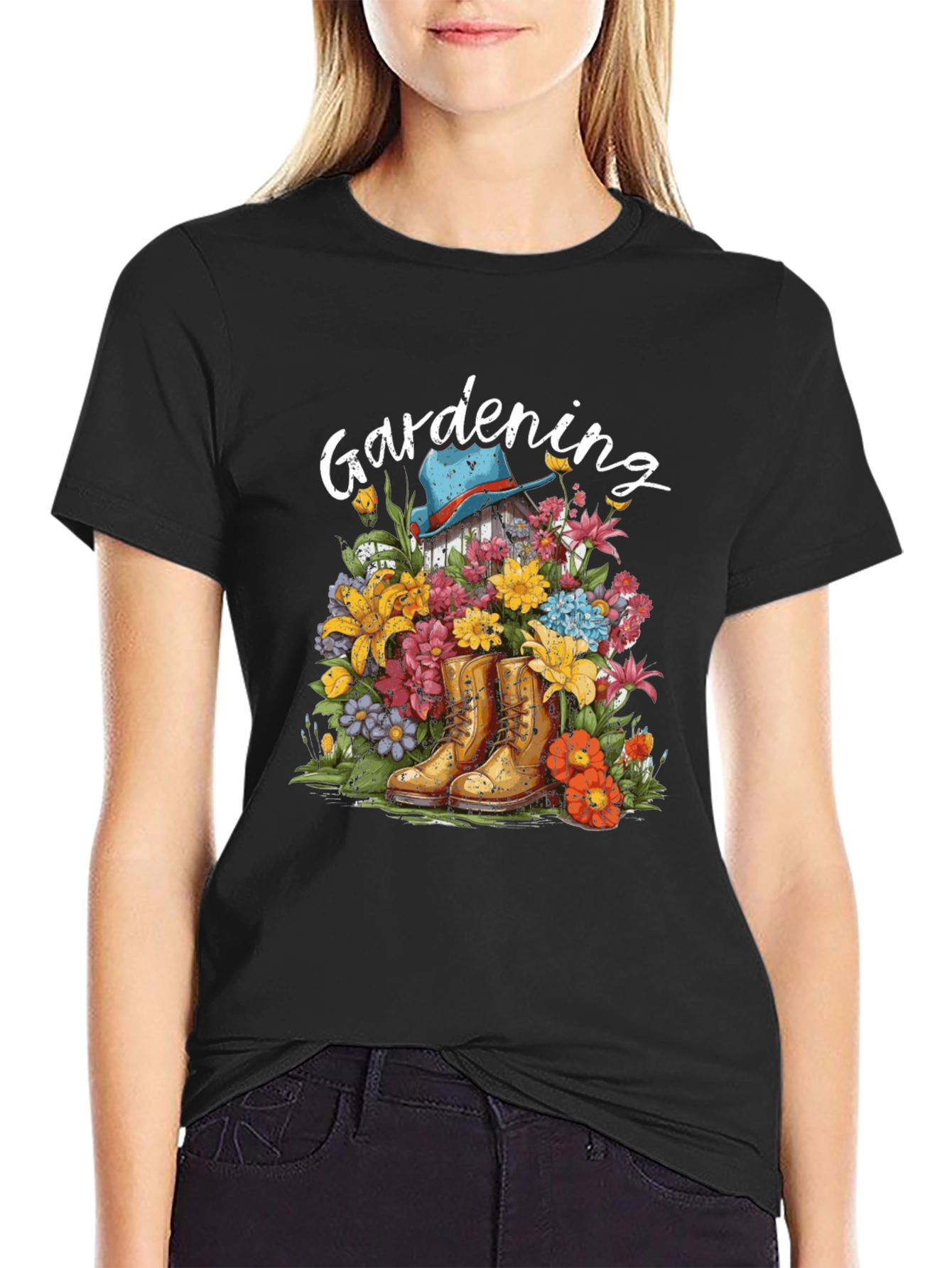 Gardening T-Shirt with Boots and Flowers Design - 2
