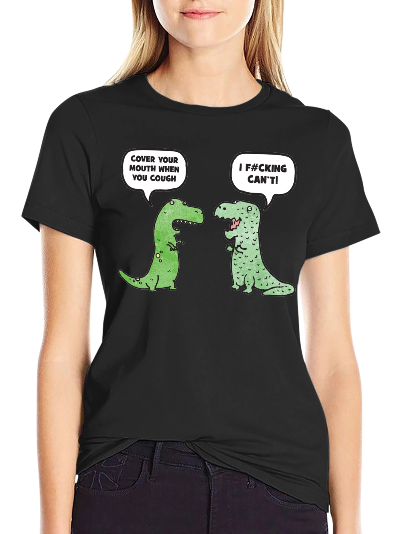 Black Funny Dinosaur Cough Cover T-Shirt view 2