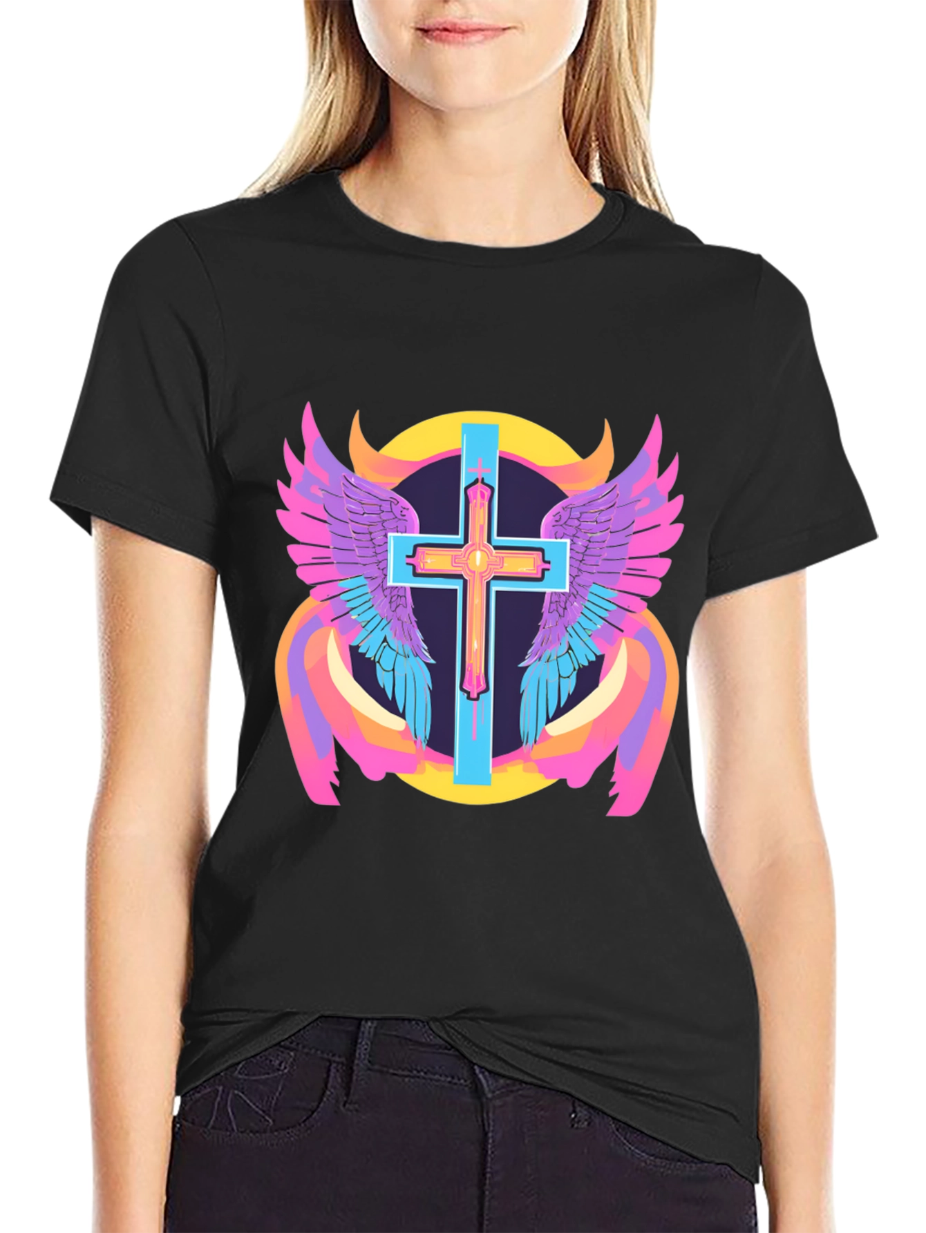 Black Winged Cross Graphic Tee - Black Cotton Blend view 2