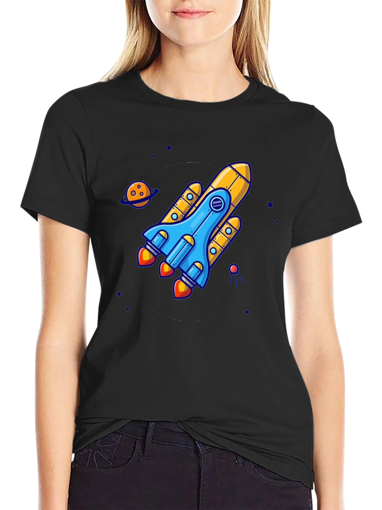 Black Rocket Ship Graphic Tee - Black Cotton T-Shirt view 2