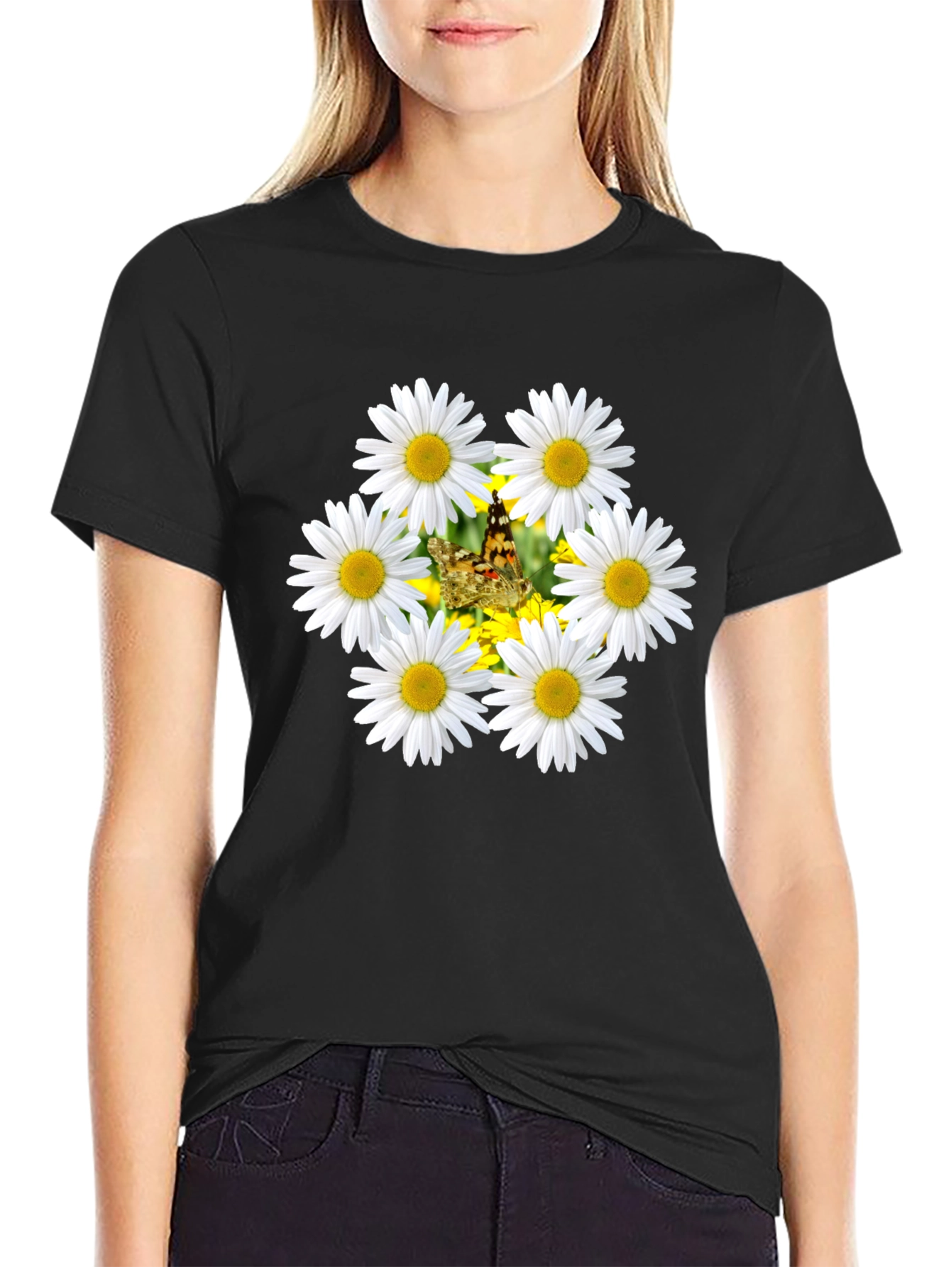 Black Daisy Butterfly Black T-Shirt view 2