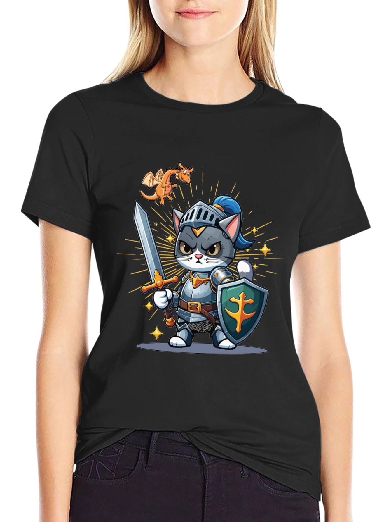 Black Cat Knight T-Shirt: Cartoon Medieval Warrior Tee view 2