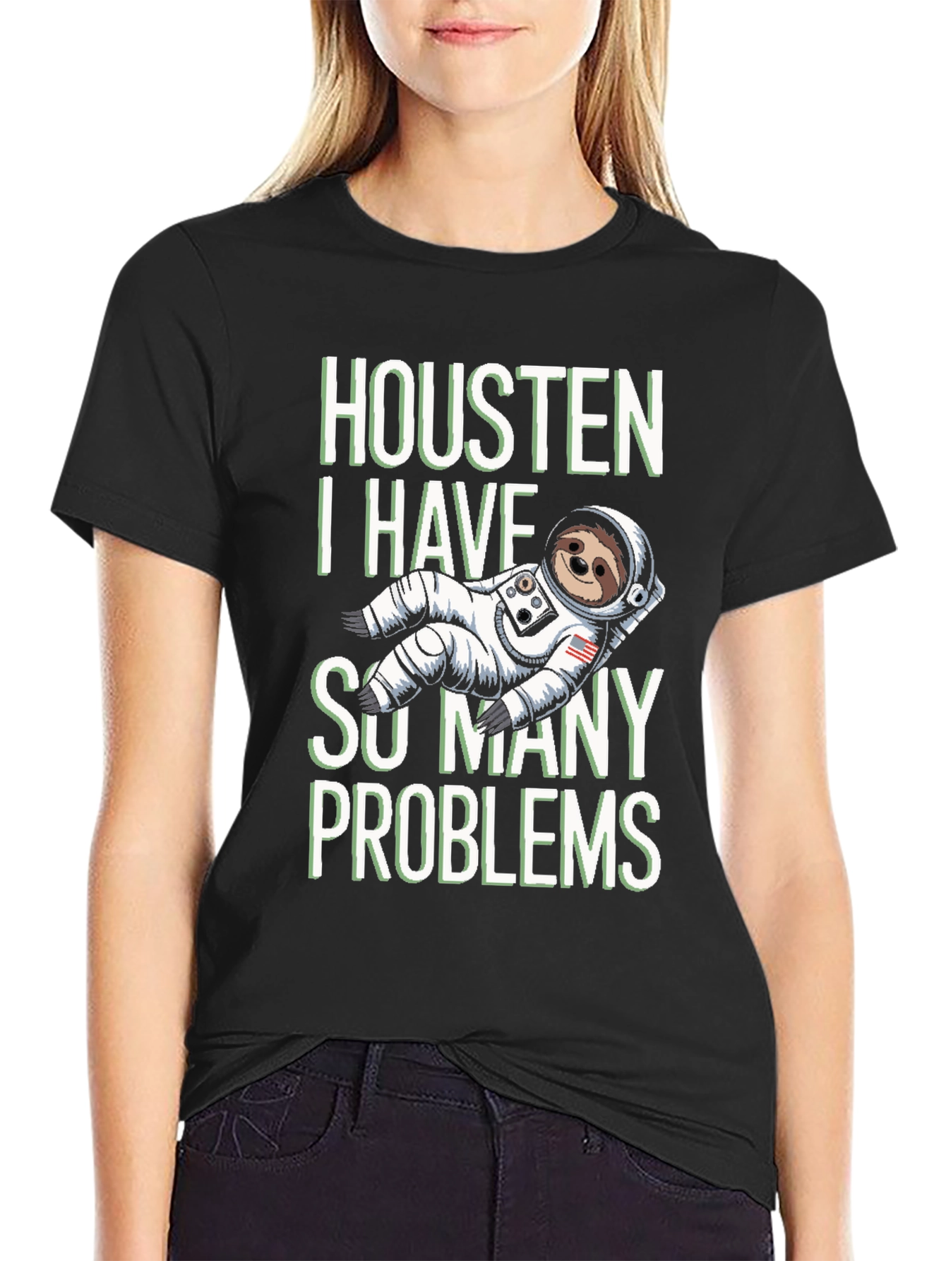 Black Houston Sloth Astronaut Graphic T-Shirt view 2