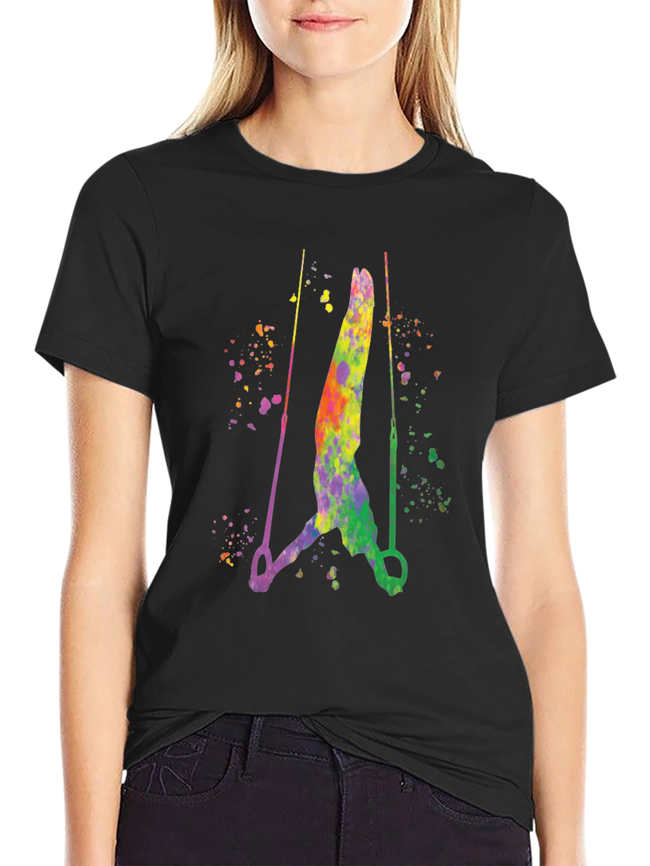Black Gymnast Rings Watercolor Graphic Black T-Shirt view 2