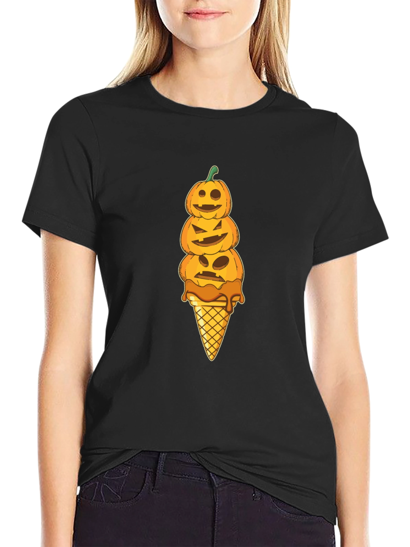 Black Pumpkin Ice Cream Cone Halloween T-Shirt view 2