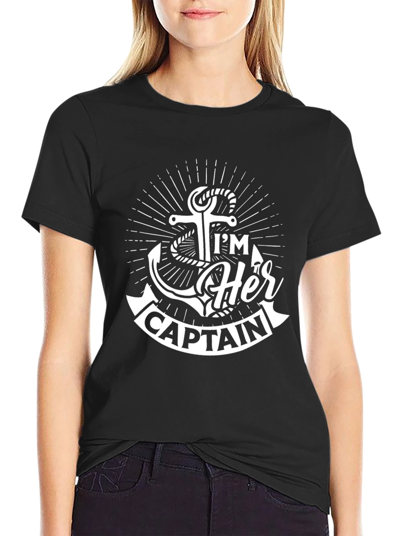 Black I'm Her Captain T-Shirt: Nautical Anchor Design view 2