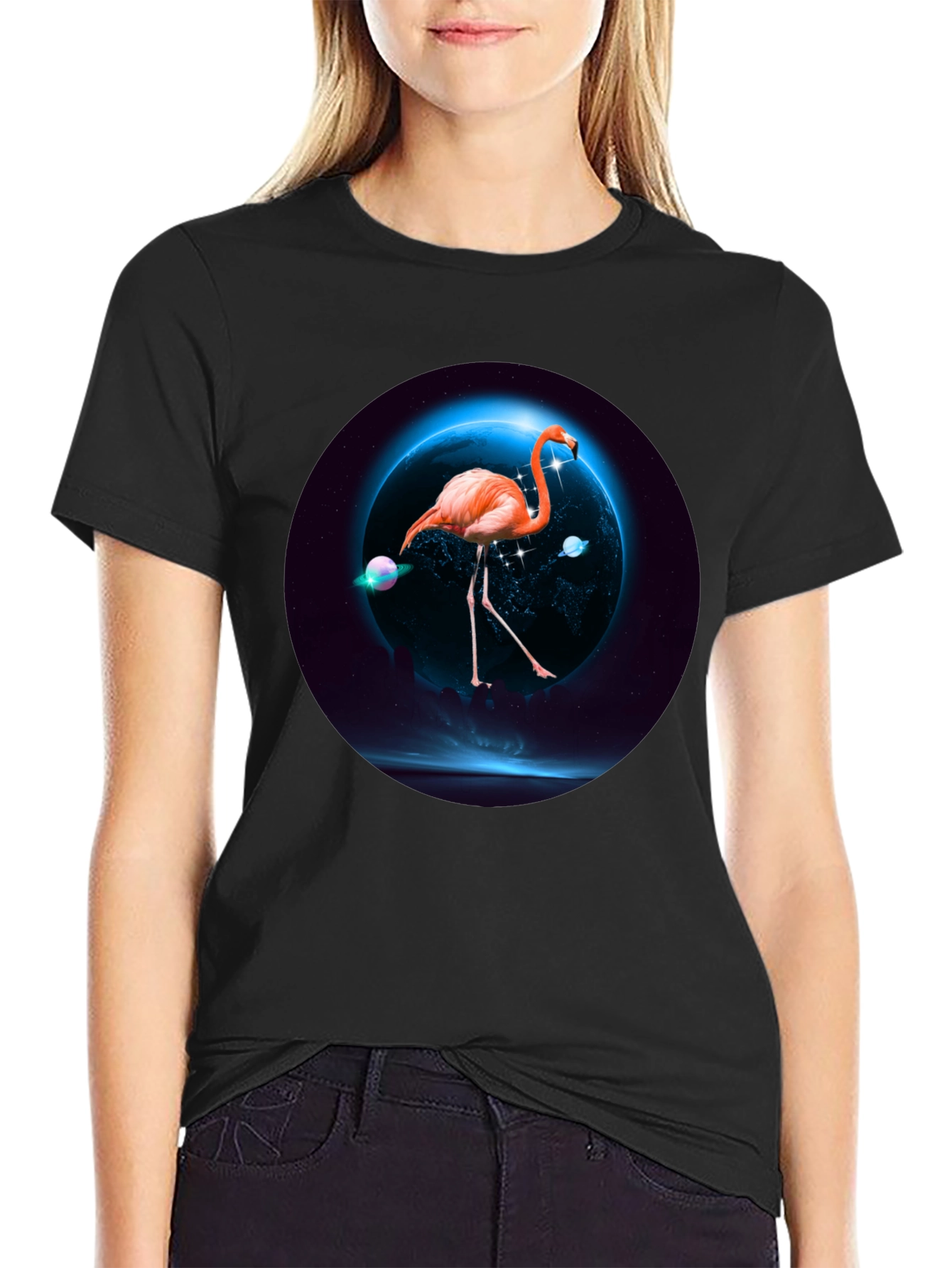 Black Flamingo in Space T-Shirt view 2
