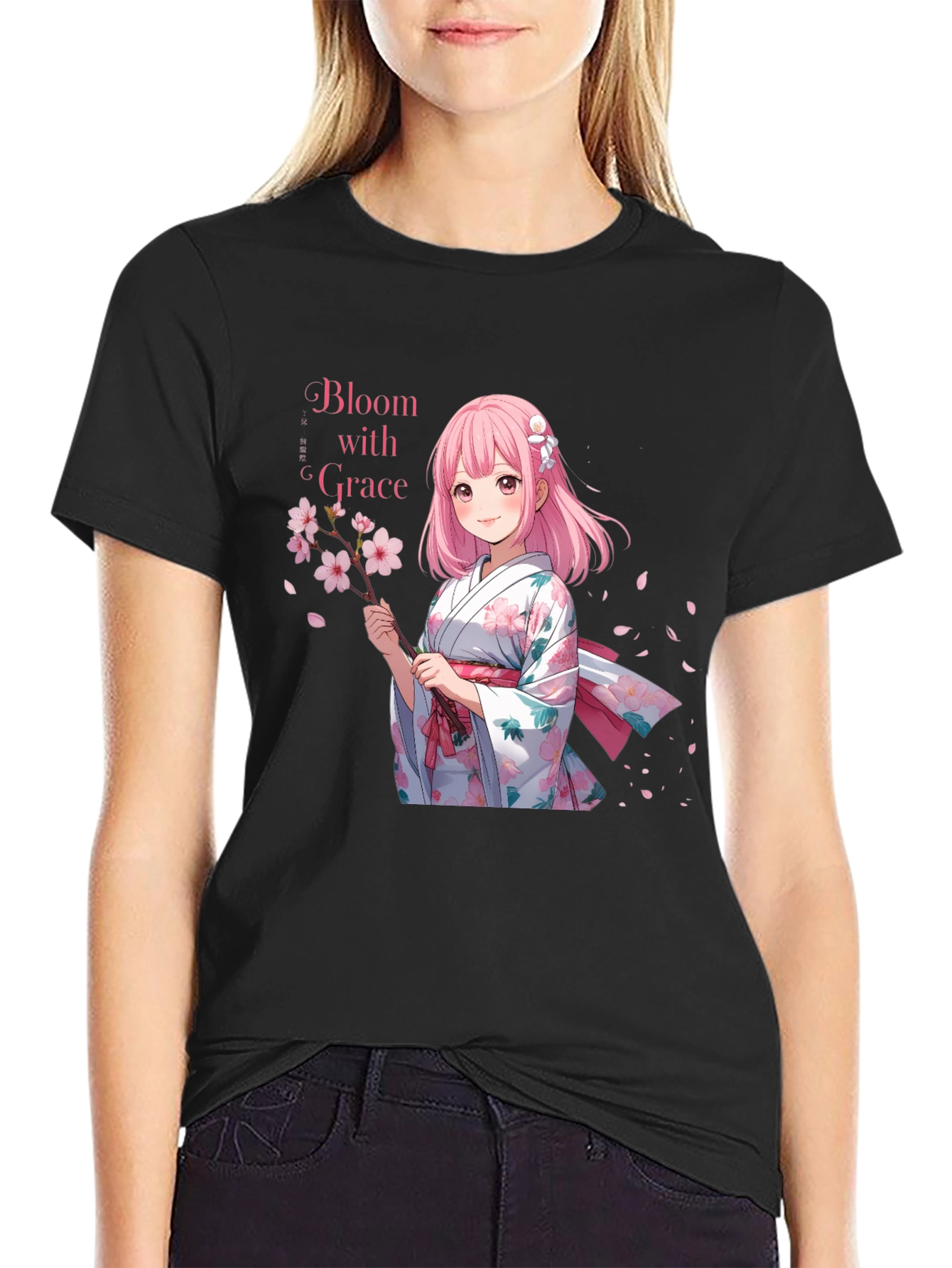 Black Anime Girl Cherry Blossom T-Shirt view 2
