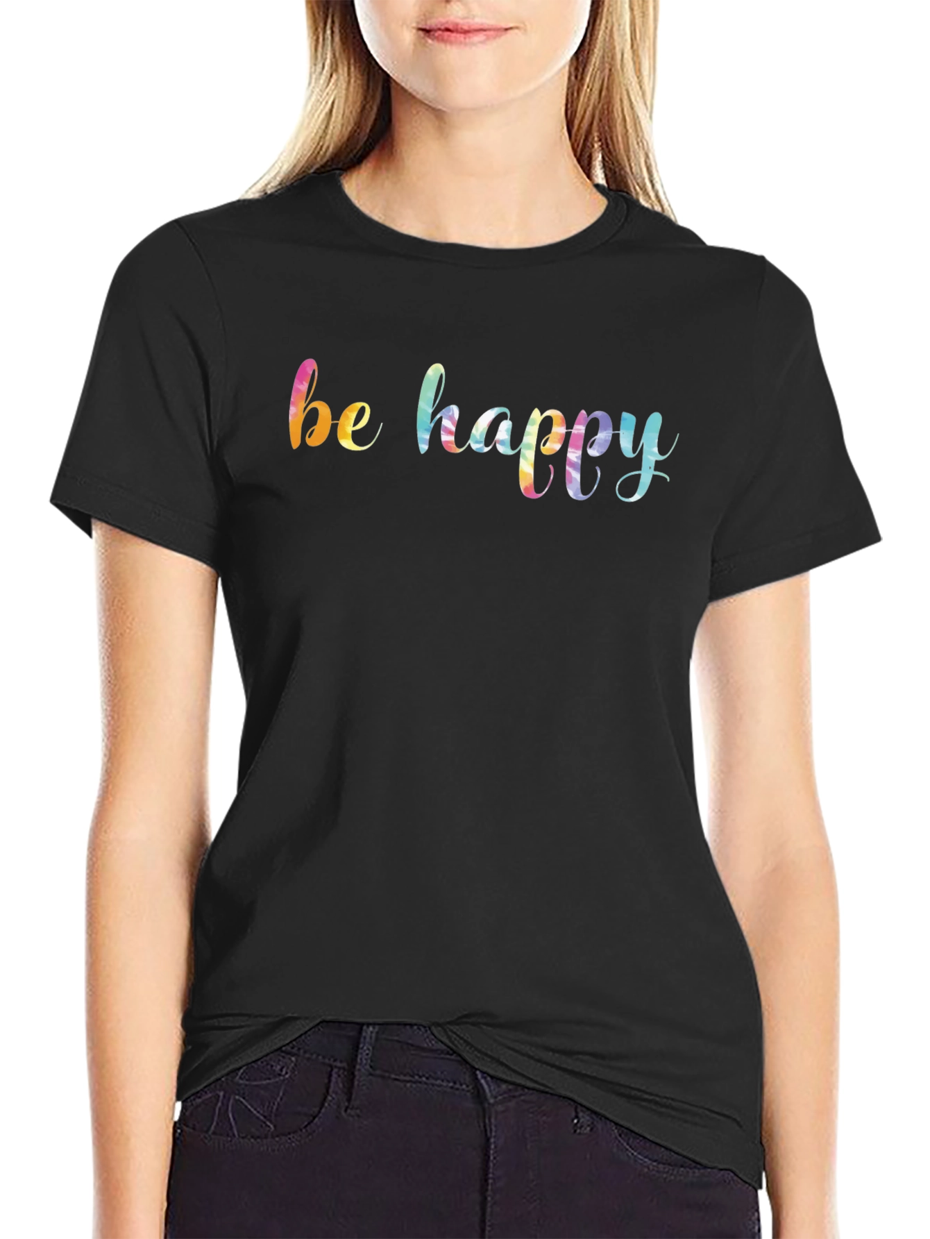 Black Be Happy Rainbow Graphic Black T-Shirt view 2
