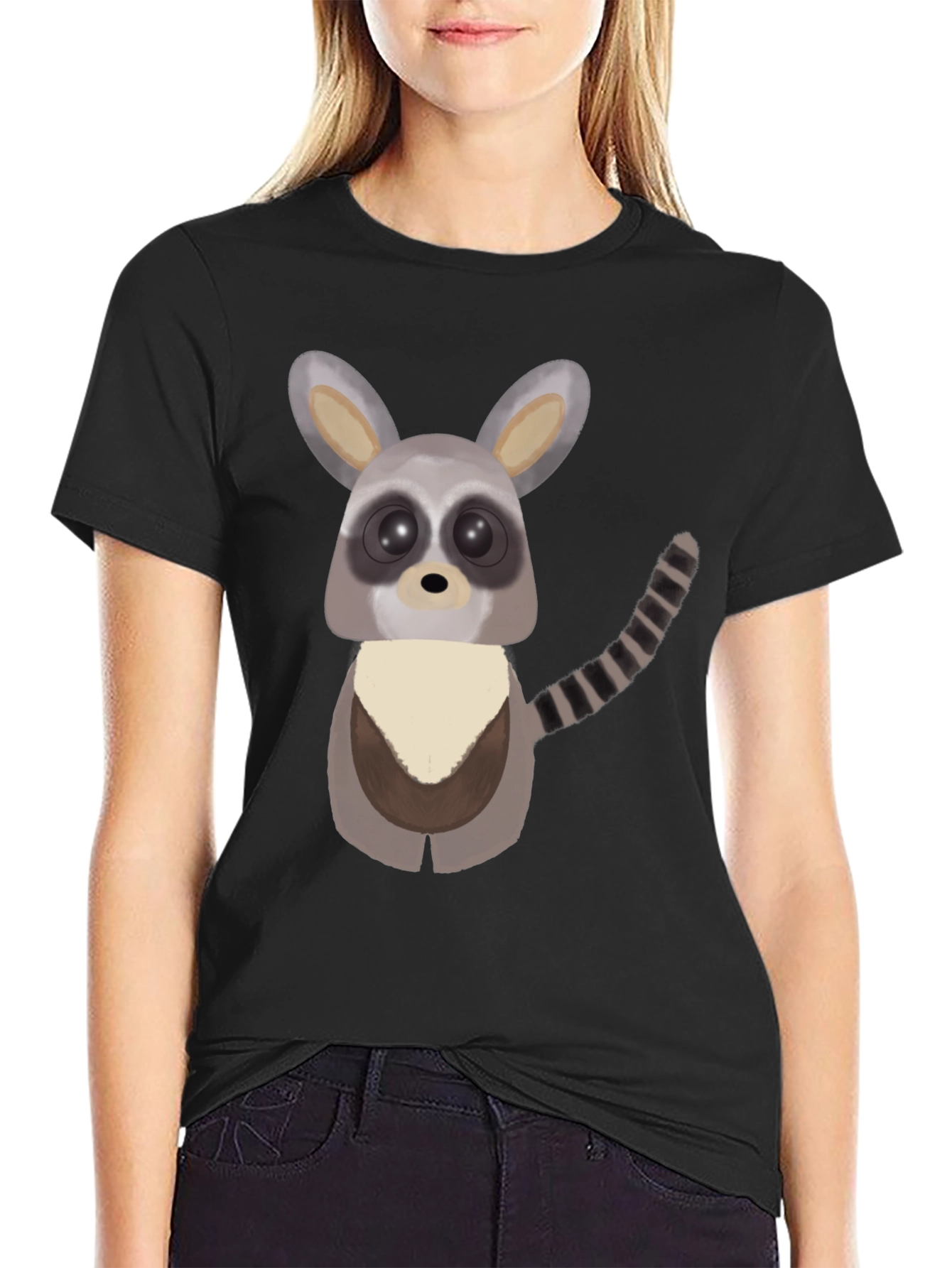 Black Cute Cartoon Raccoon Graphic T-Shirt view 2