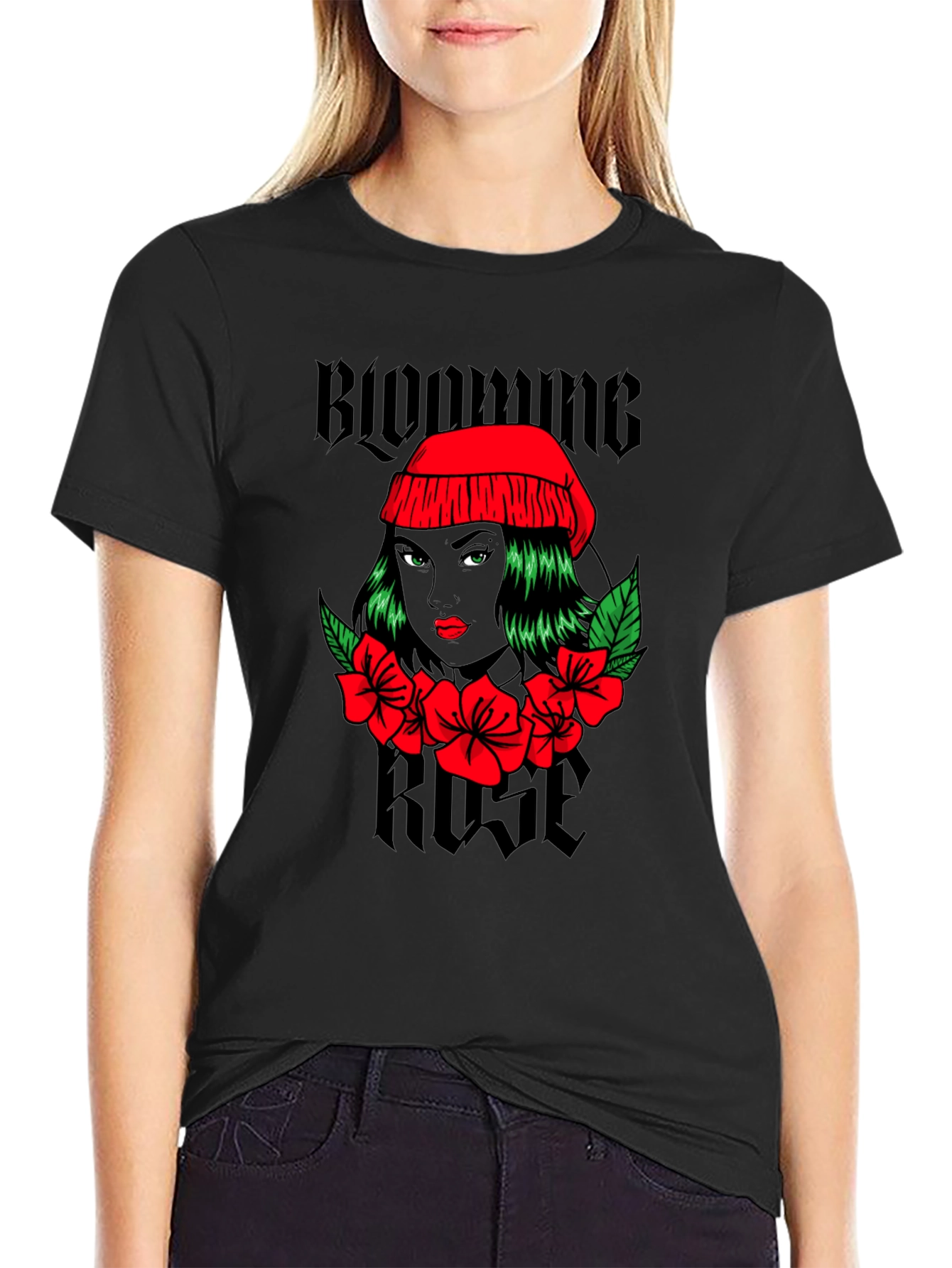 Black Blooming Rose Graphic Tee - Black Unisex T-Shirt view 2