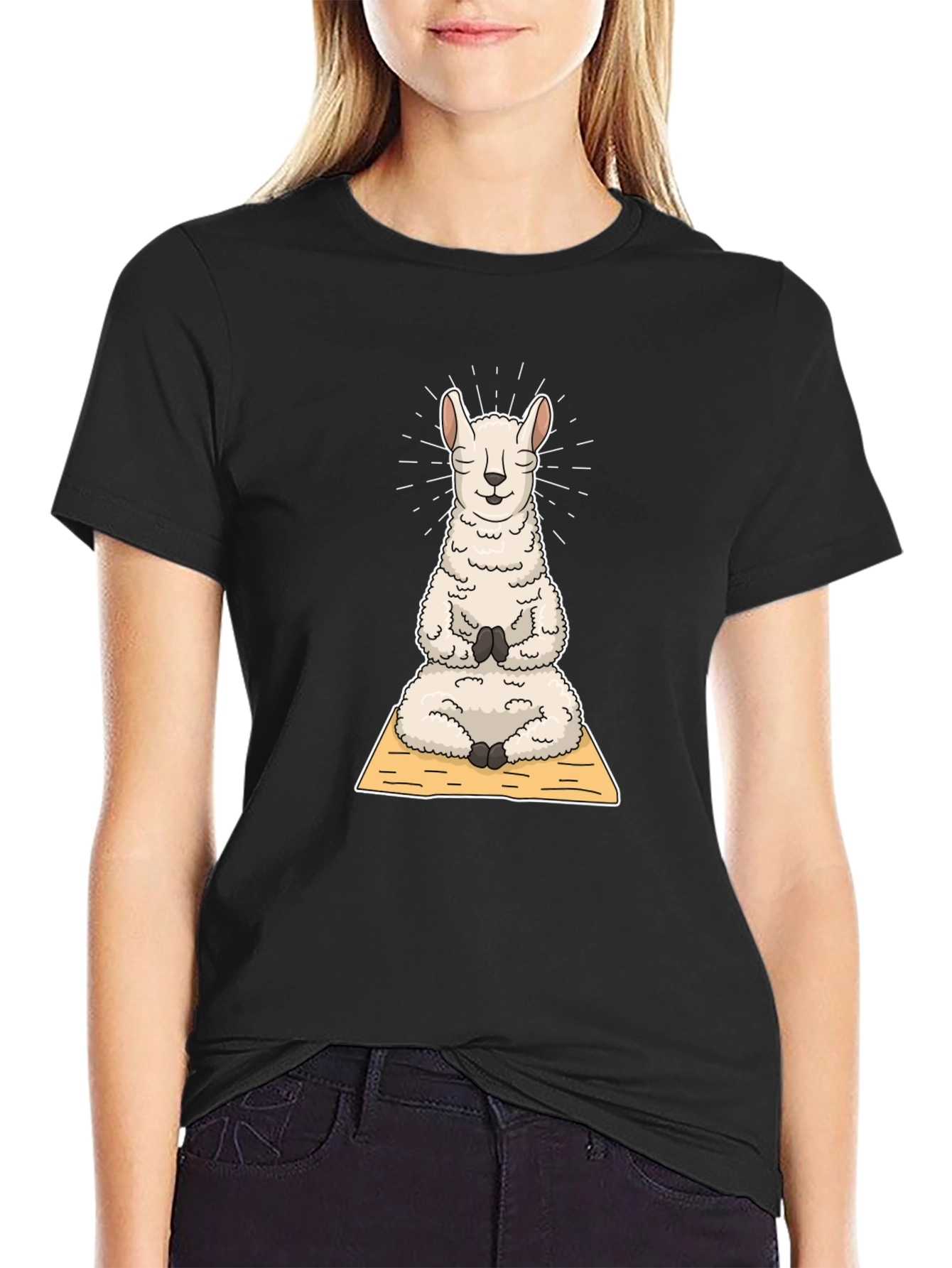 Black Yoga Llama T-Shirt: Meditating Alpaca Tee view 2