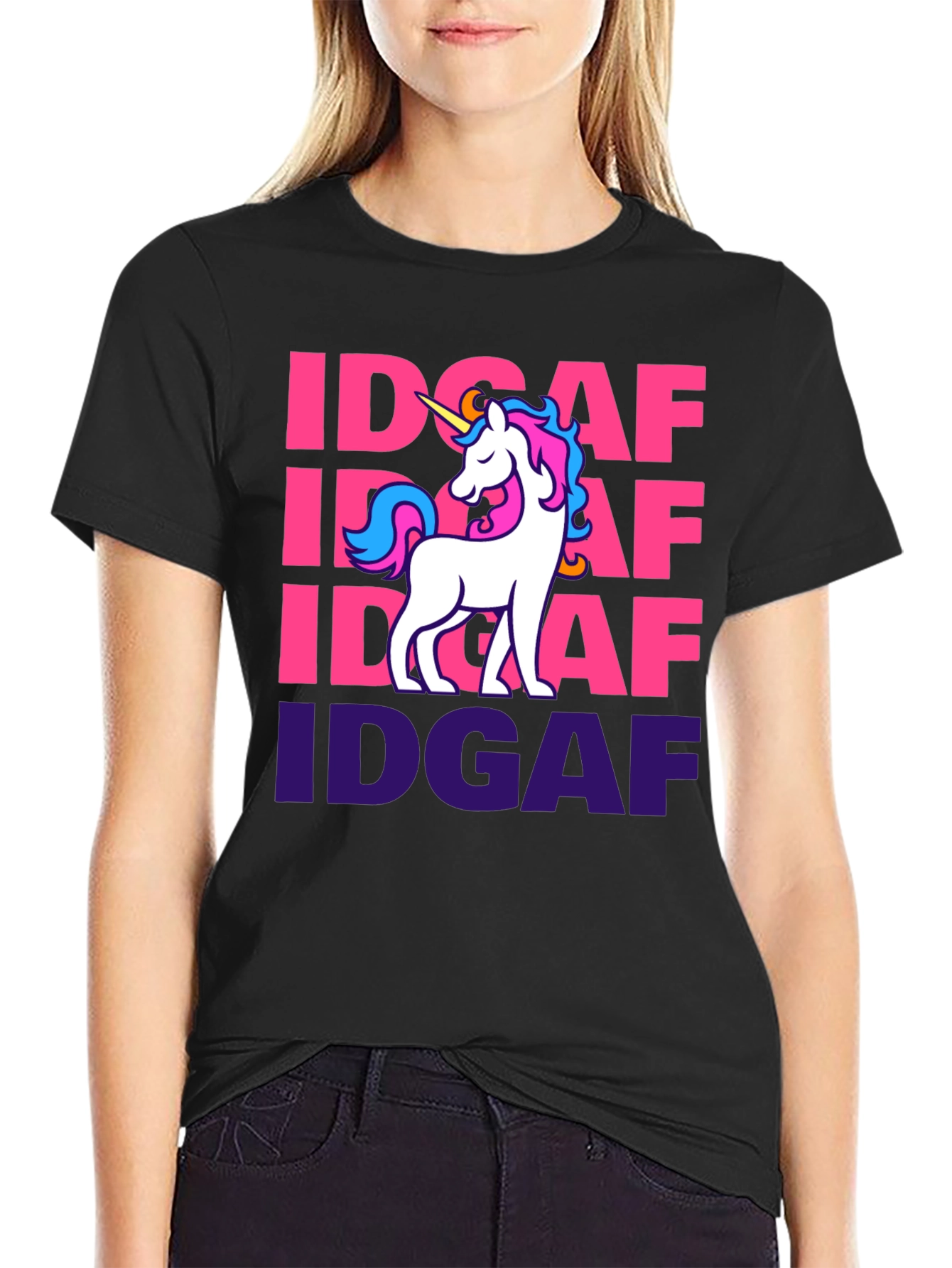 Black IDGAF Unicorn Graphic T-Shirt - Black Cotton Tee view 2