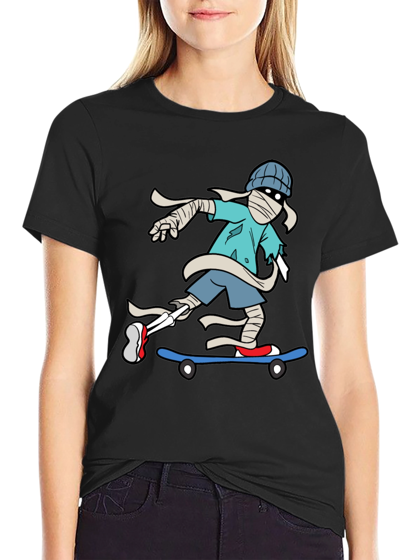 Black Skateboarding Mummy Graphic Tee - Cool & Unique Design view 2