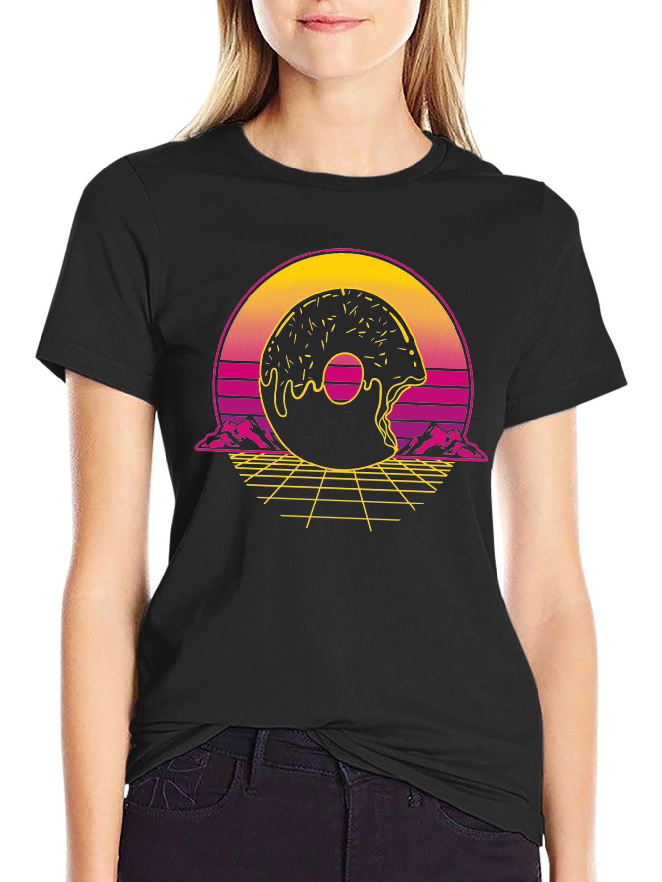 Black Retro Donut Graphic Tee - Synthwave Style view 2