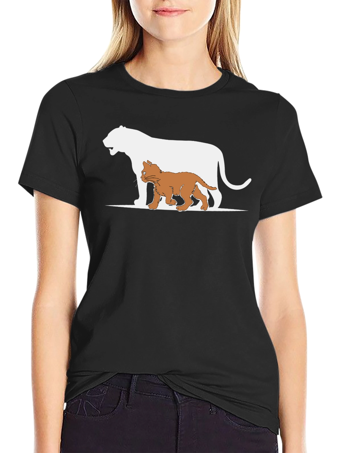 Black Cute Cat and Lion Graphic Black T-Shirt view 2