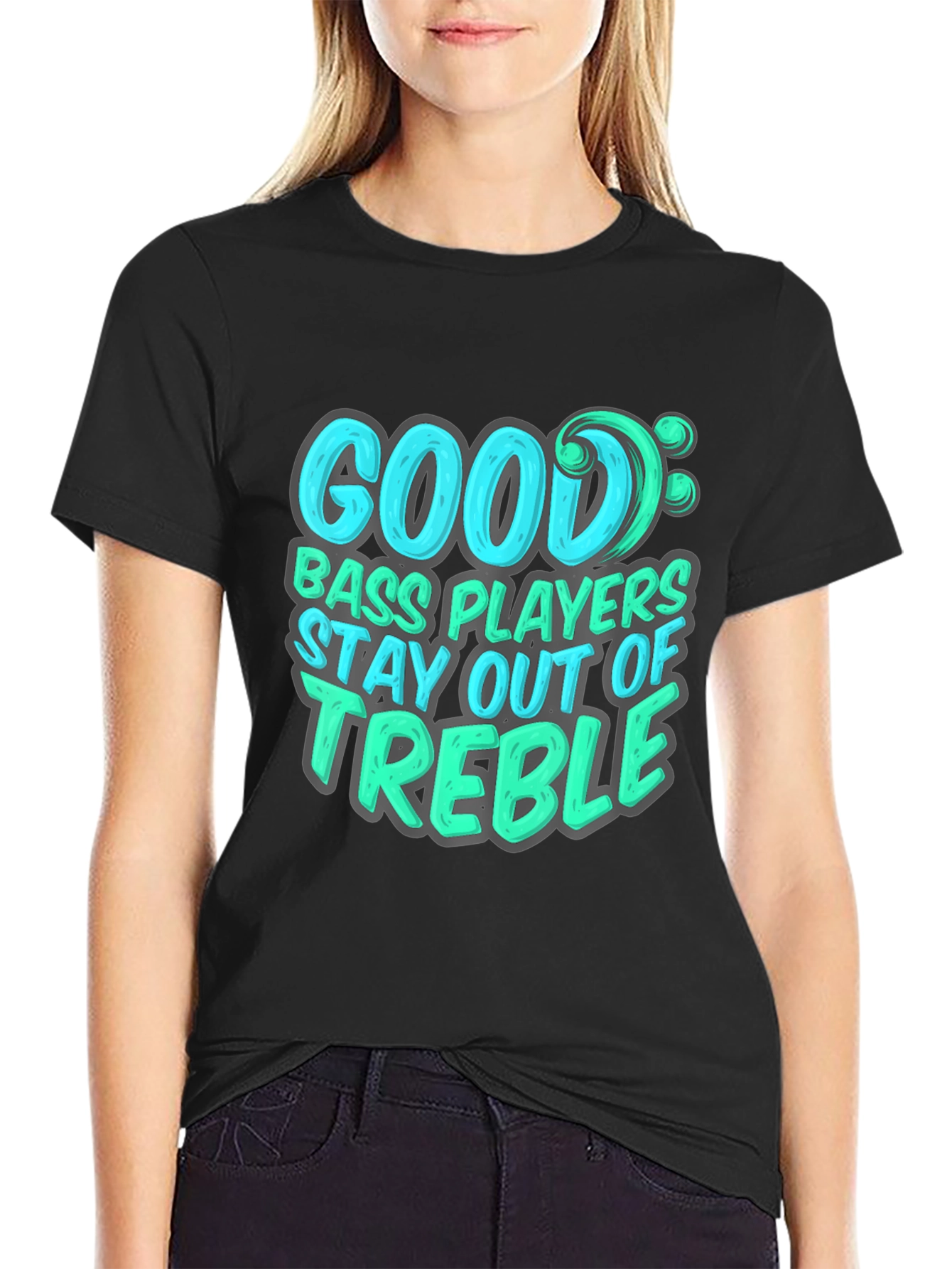Black Bass Player T-Shirt: Stay Out of Treble - Music Lover Tee view 2