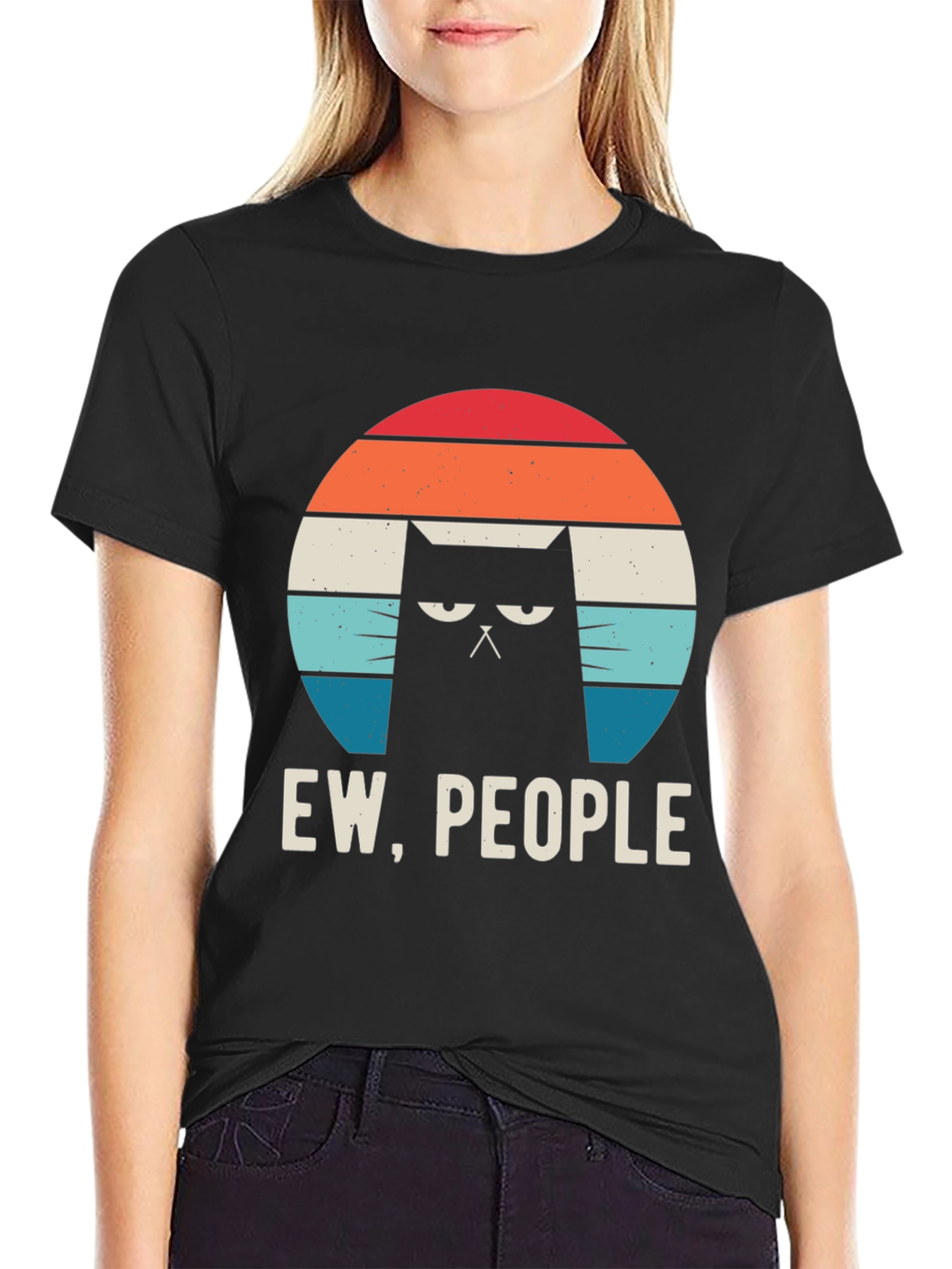 Black Ew People Cat Graphic Tee - Black Cotton Shirt view 2