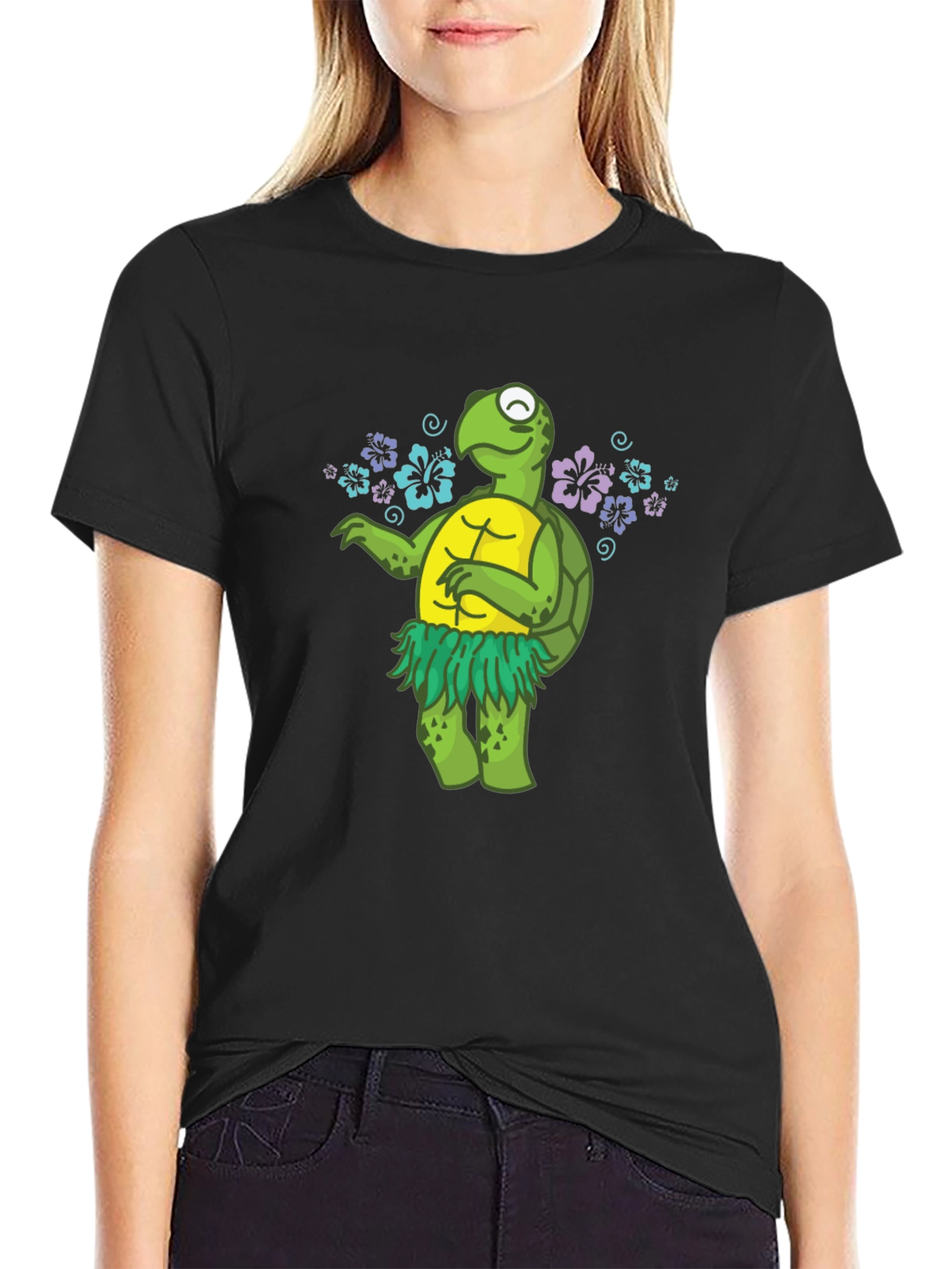 Black Funny Turtle Hula Dancer Graphic T-Shirt view 2