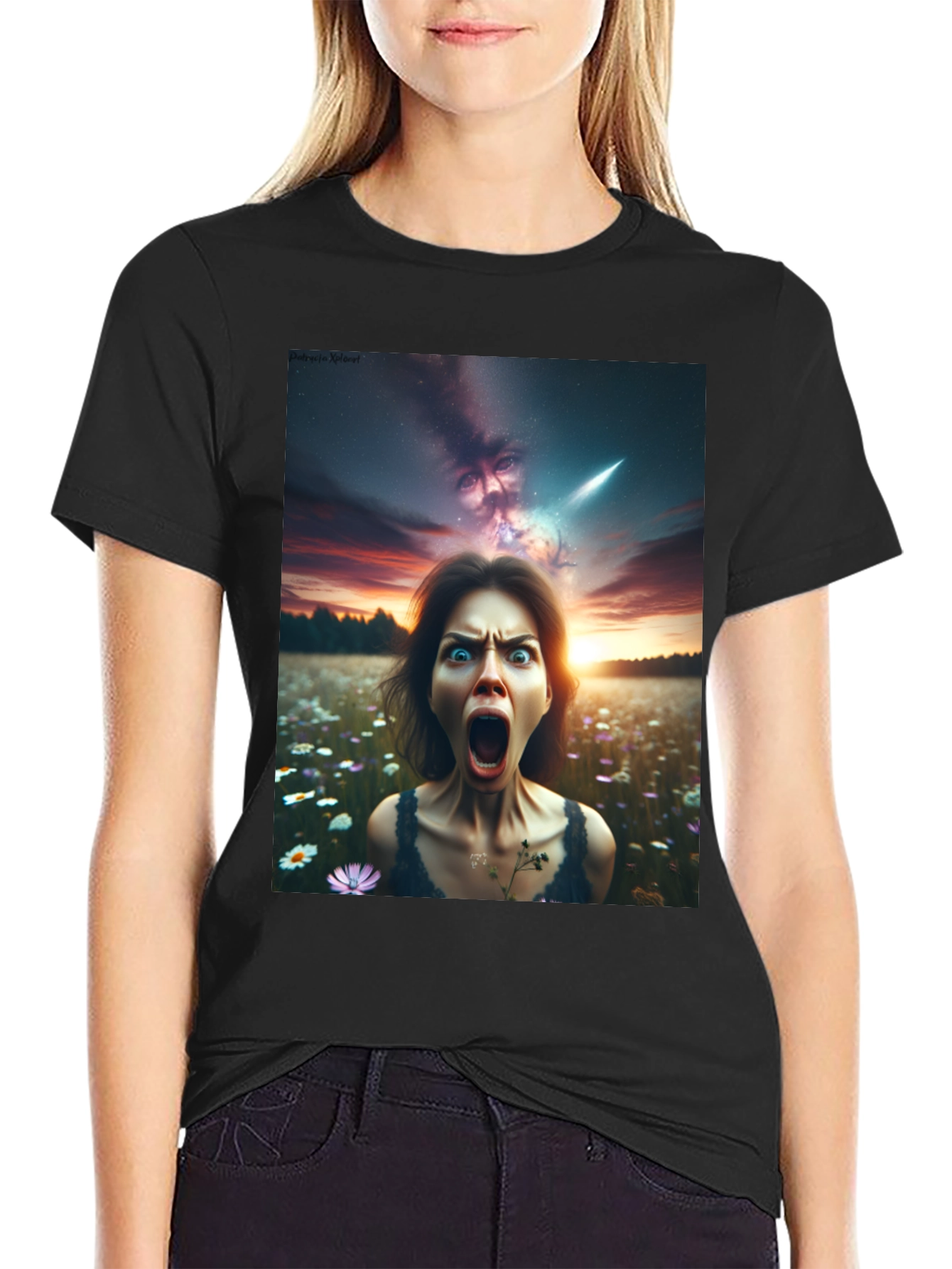 Black Surreal Horror Graphic Tee - Women's Nightmare T-Shirt view 2