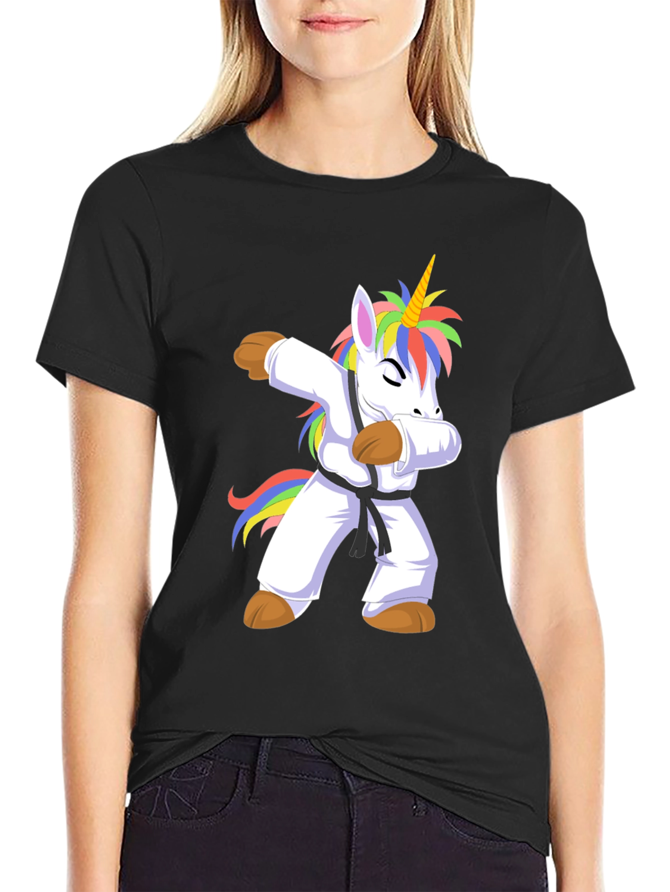 Black Unicorn Karate Dab Black T-Shirt view 2