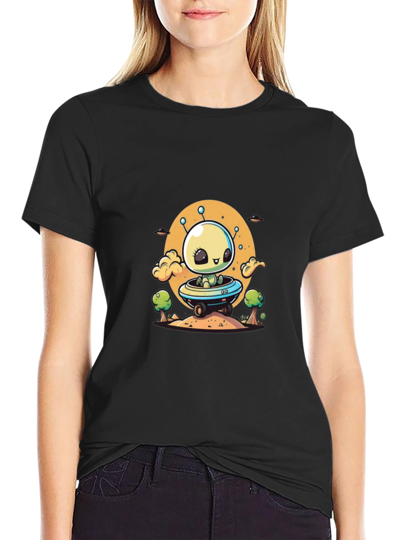 Black Alien UFO Graphic Tee - Black Cotton T-Shirt view 2