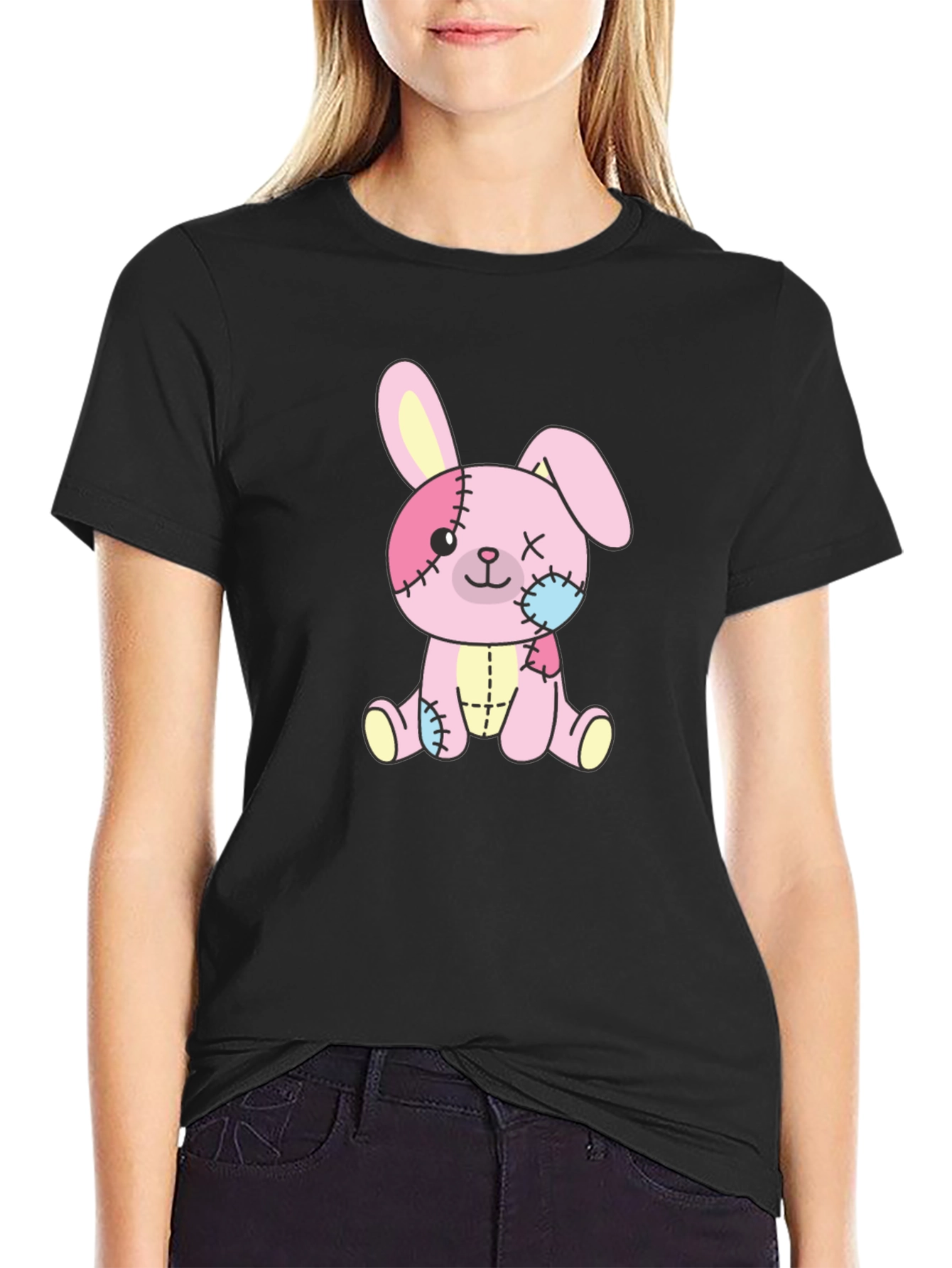 Black Cute Stitched Bunny Black T-Shirt view 2