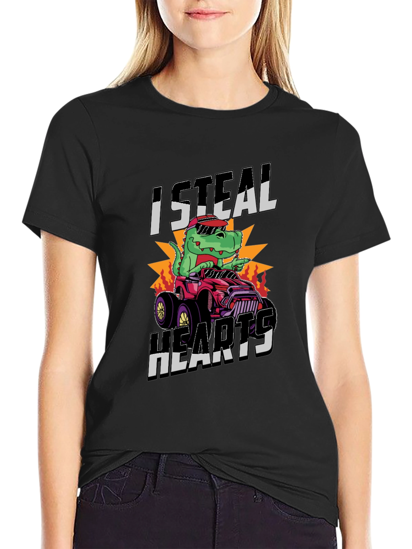 Black I Steal Hearts Dinosaur Monster Truck Graphic Tee view 2