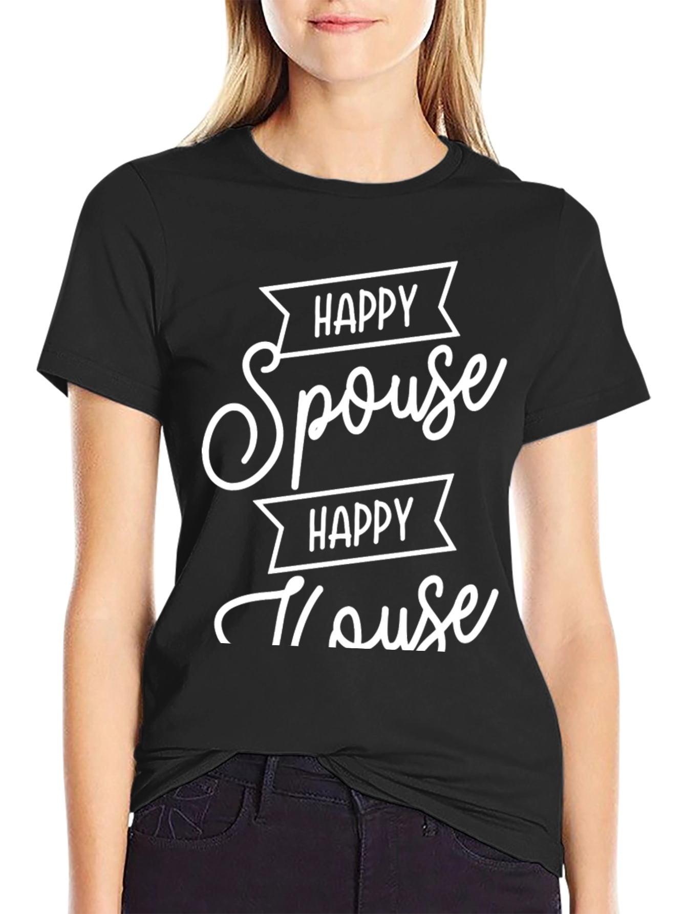 Black Happy Spouse Happy House Black Graphic T-Shirt view 2