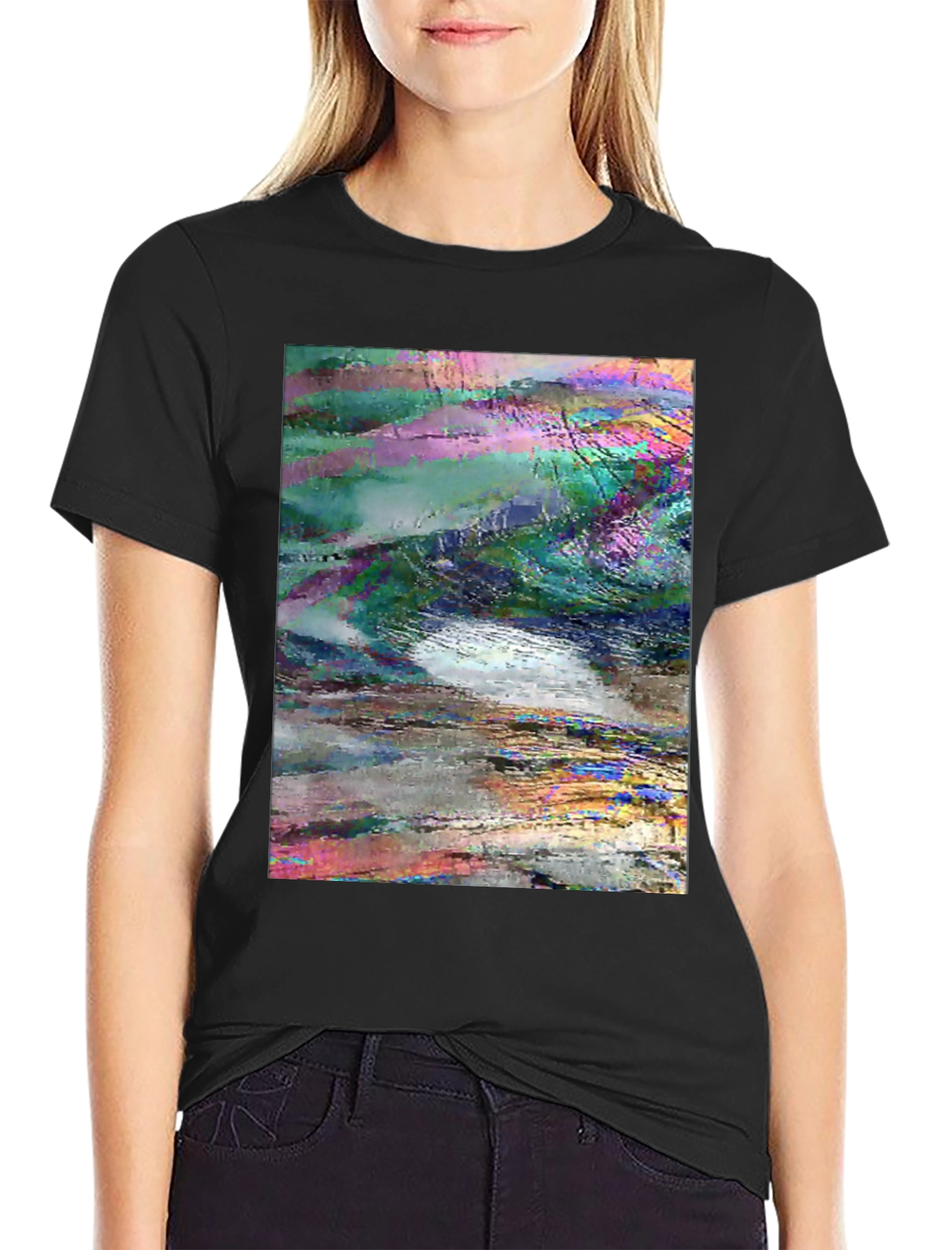 Black Abstract Glitch Art Graphic Tee - Black view 2