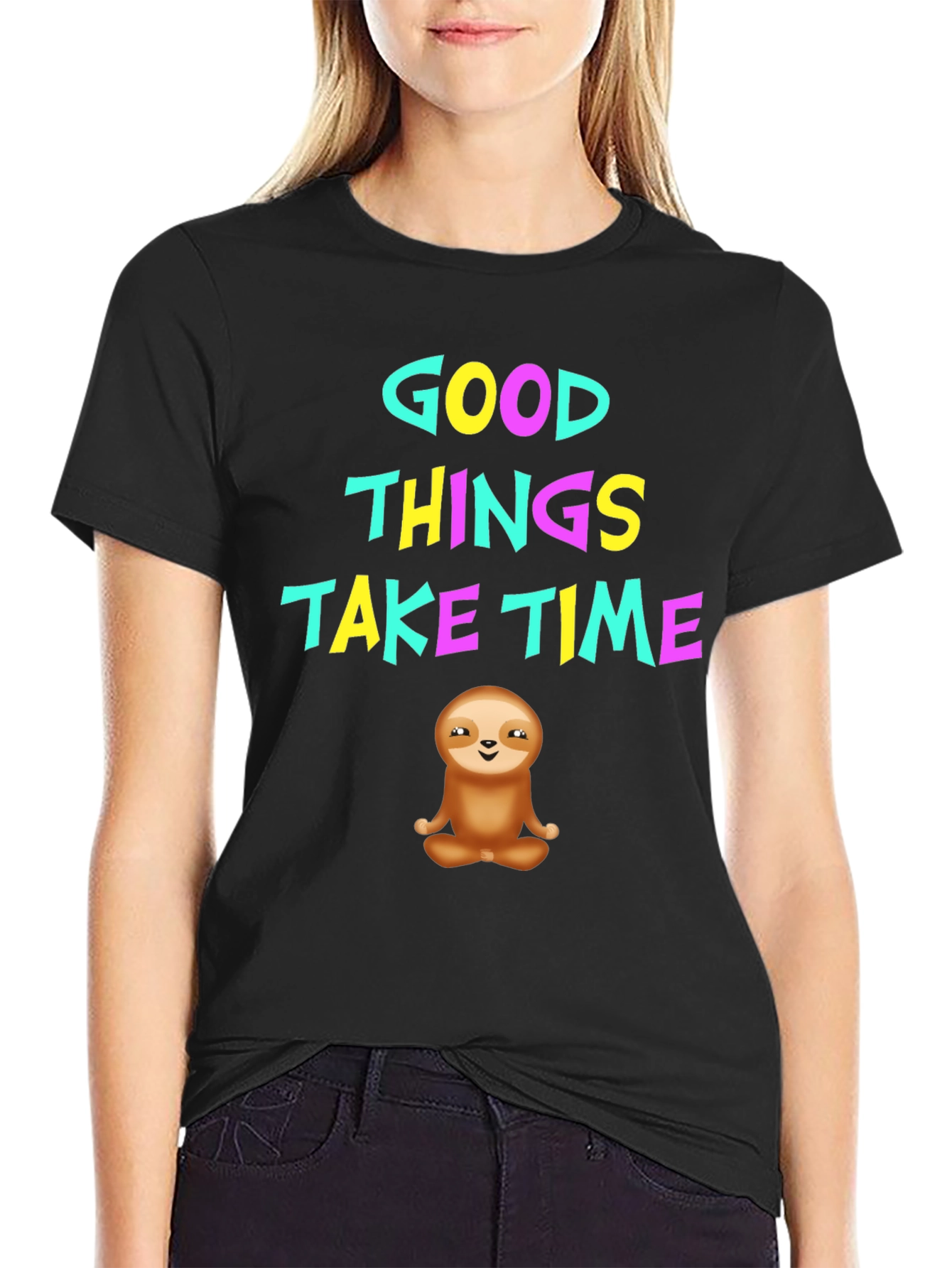 Black Good Things Take Time Sloth Graphic T-Shirt view 2