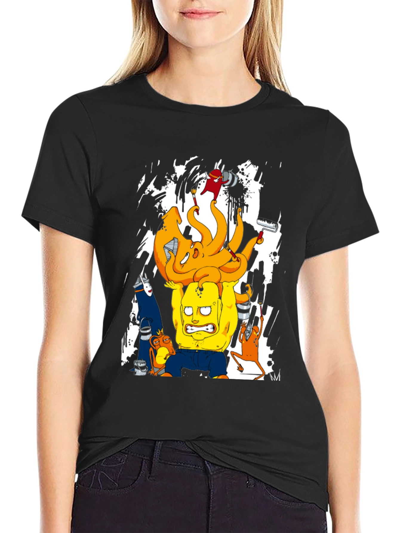 Black Cartoon Graphic T-Shirt - Black Crew Neck Tee view 2