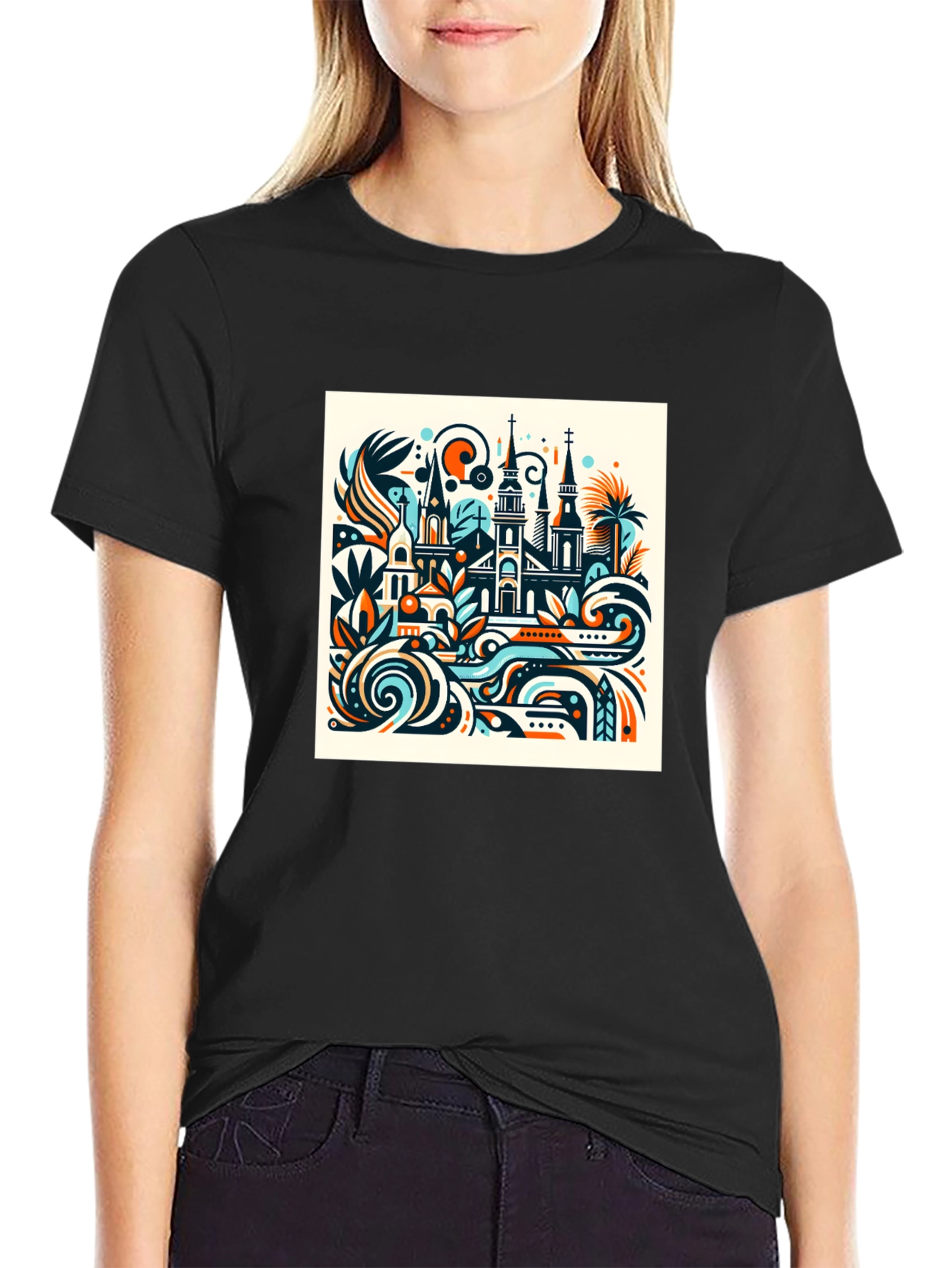 Black Abstract Cityscape Graphic Tee view 2