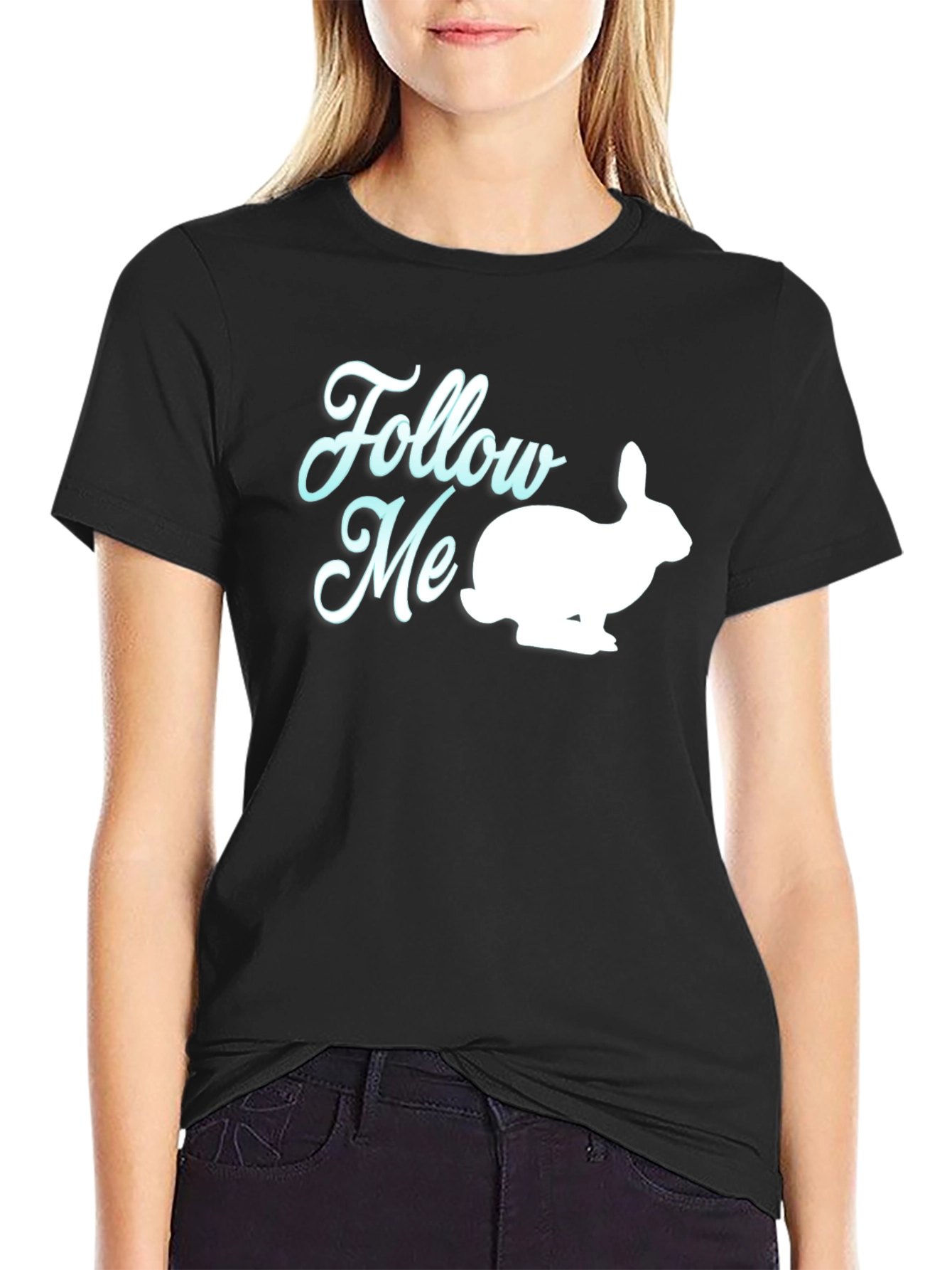Black Follow Me Rabbit Graphic Tee - Soft Cotton Blend view 2