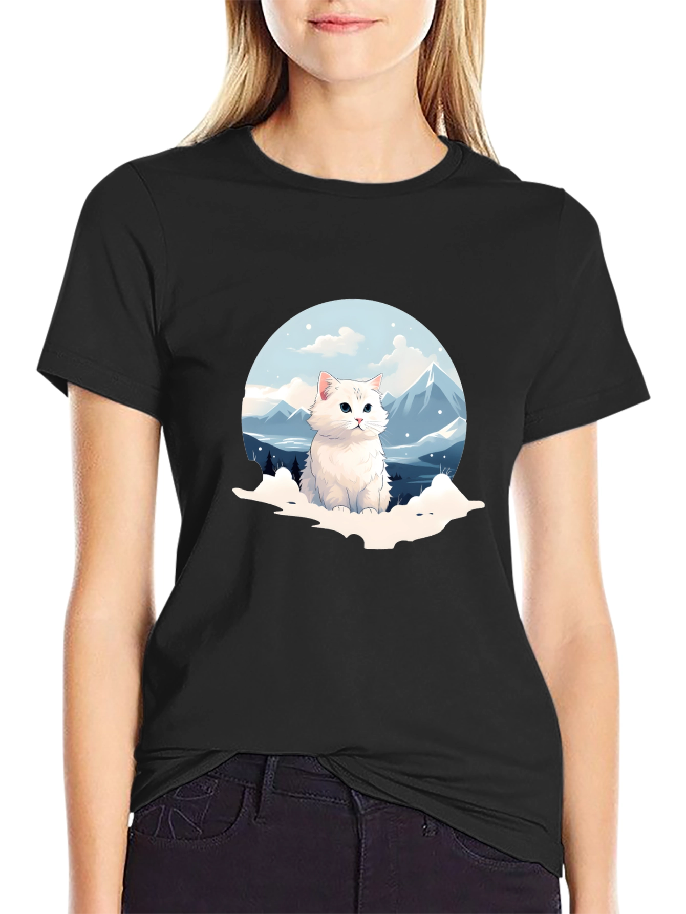 Black Cute Cat Mountain Scene Graphic Tee view 2