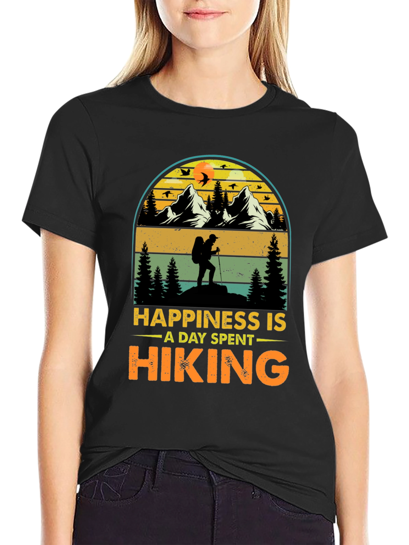 Black Hiking Adventure T-Shirt: Happiness Is Hiking view 2