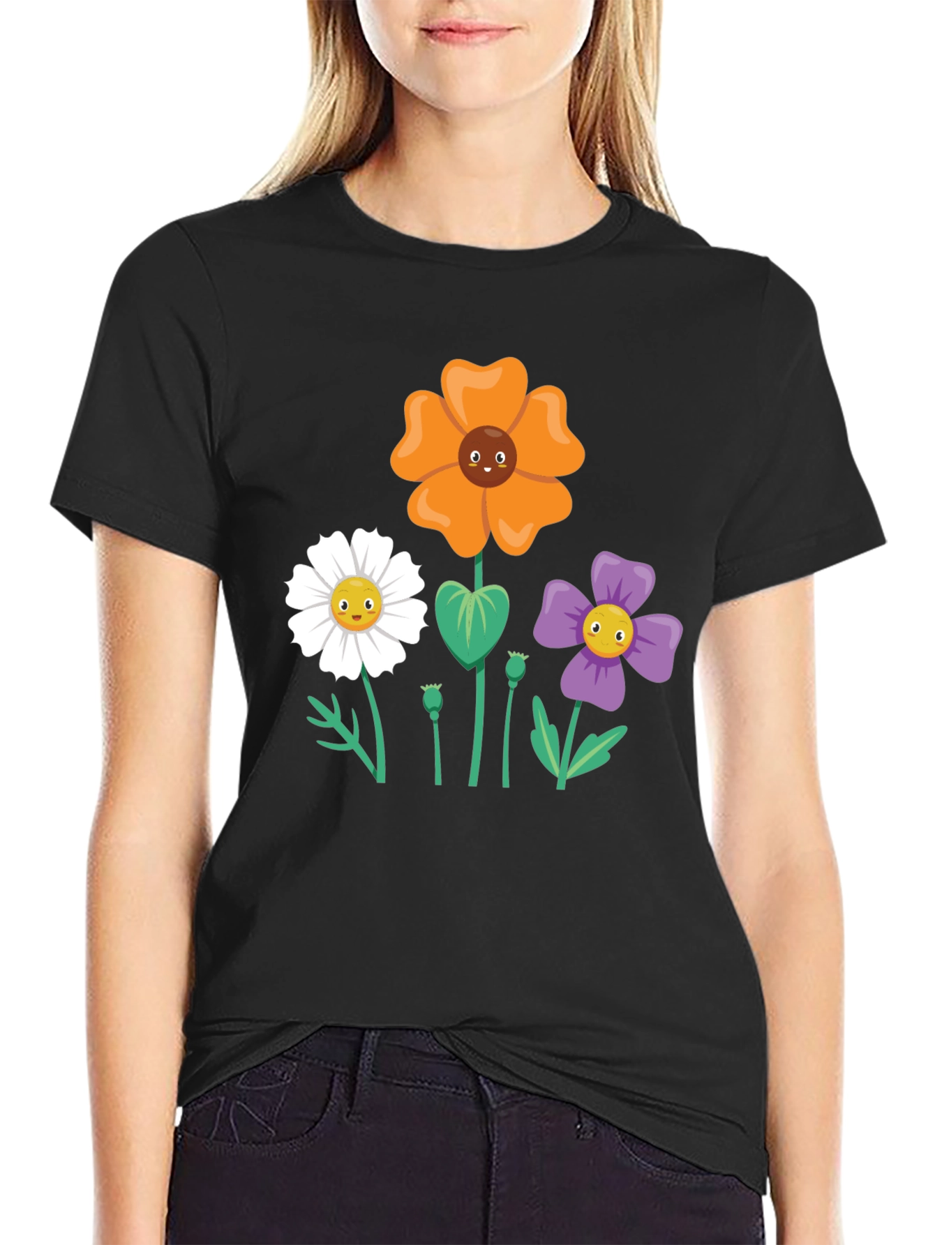 Black Floral Graphic Tee - Cartoon Flower Shirt view 2