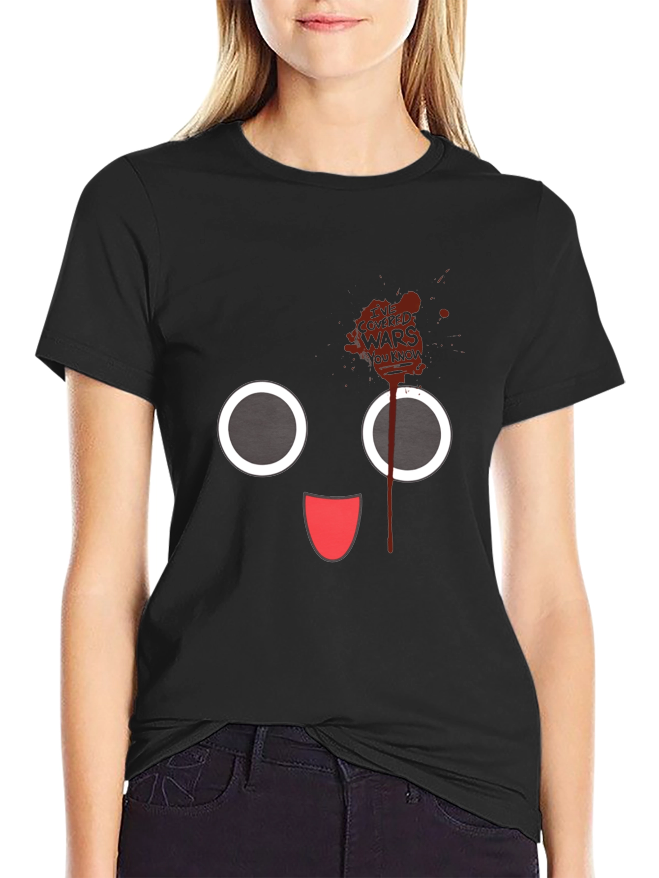 Black Funny Cartoon Face Black T-Shirt view 2