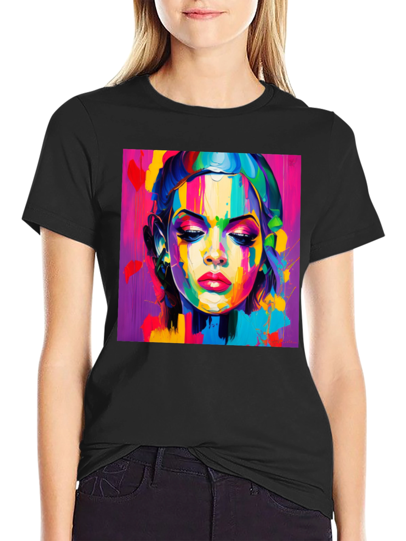Black Abstract Woman Graphic Tee - Vibrant Colors view 2