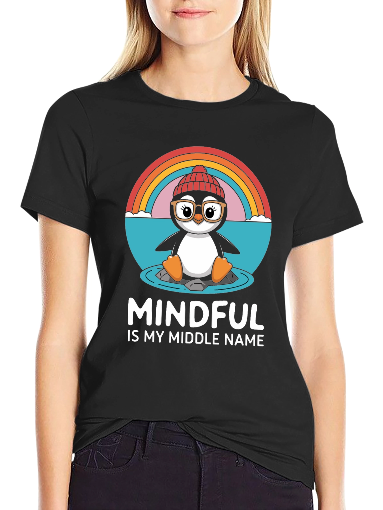 Black Mindful Penguin T-Shirt - Cute & Comfy Tee view 2