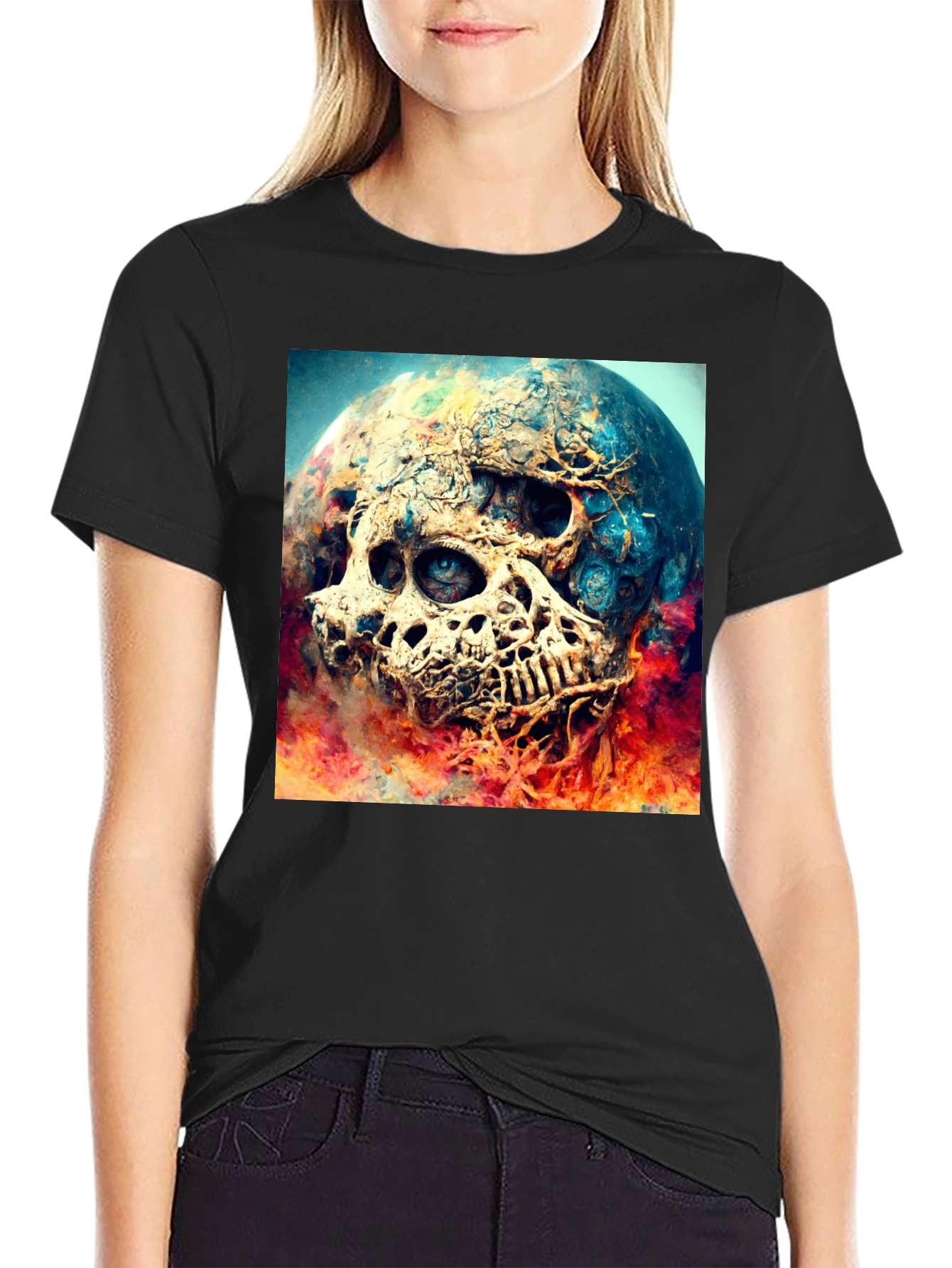 Black Skull Planet Graphic Tee - Black Cotton Shirt view 2