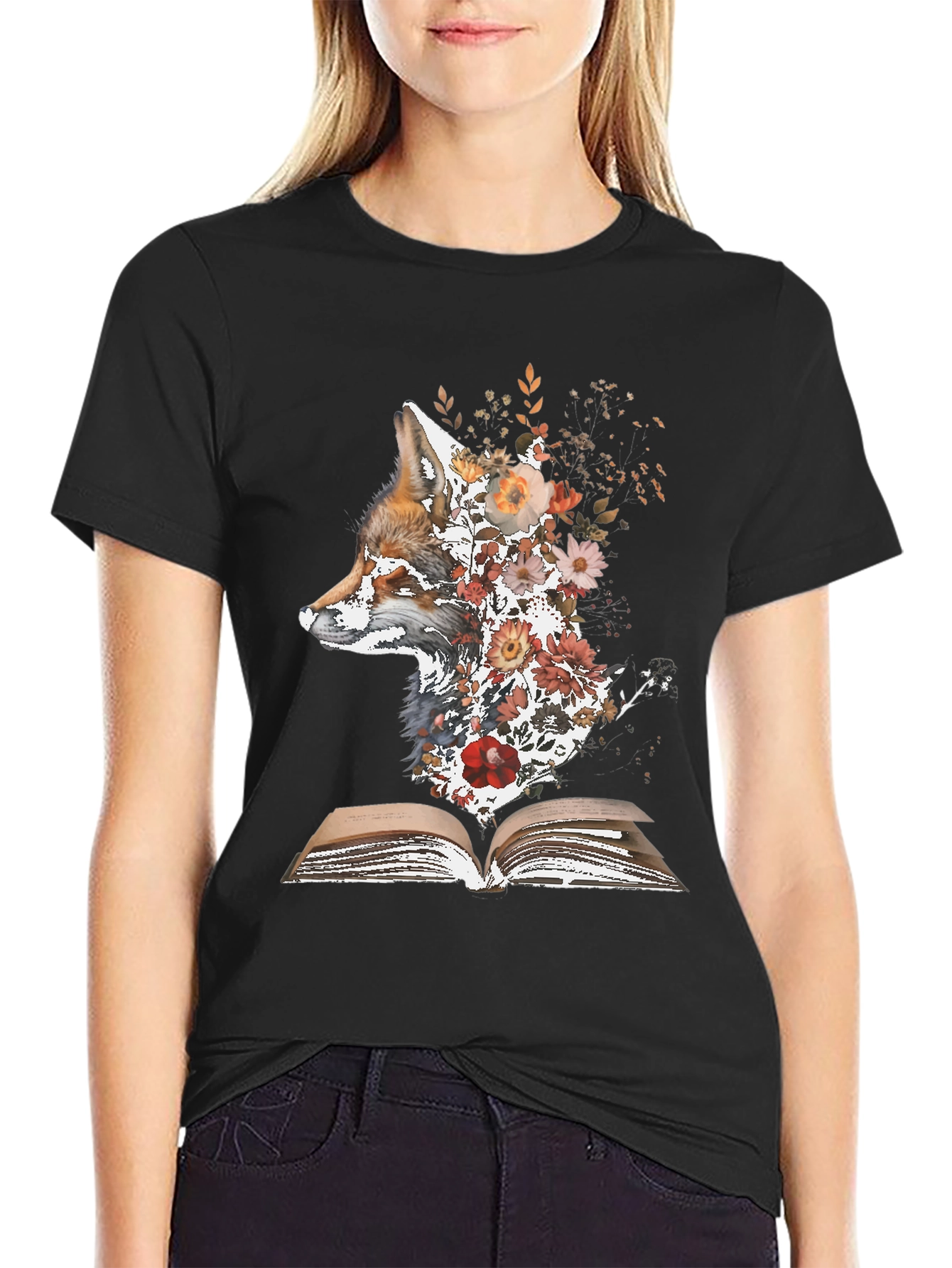 Black Fox & Flowers Book T-Shirt - Unique Nature Graphic Tee view 2