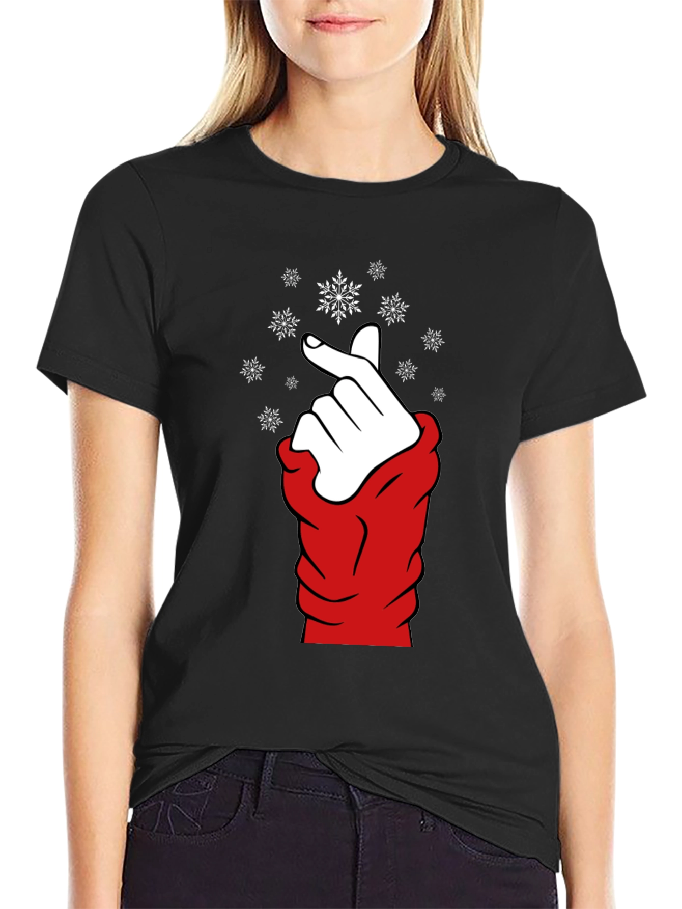 Black Heart Finger Snowflake Graphic Black T-Shirt view 2