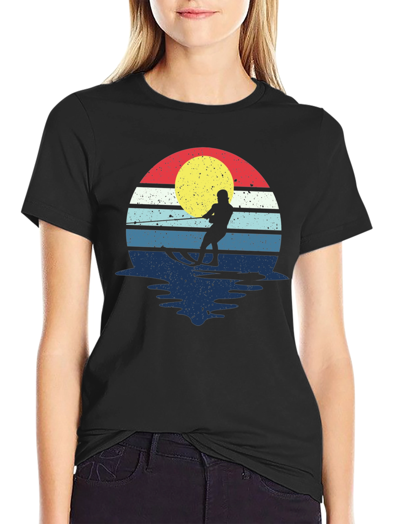 Black Retro Water Skiing T-Shirt - Vintage Sunset Design view 2