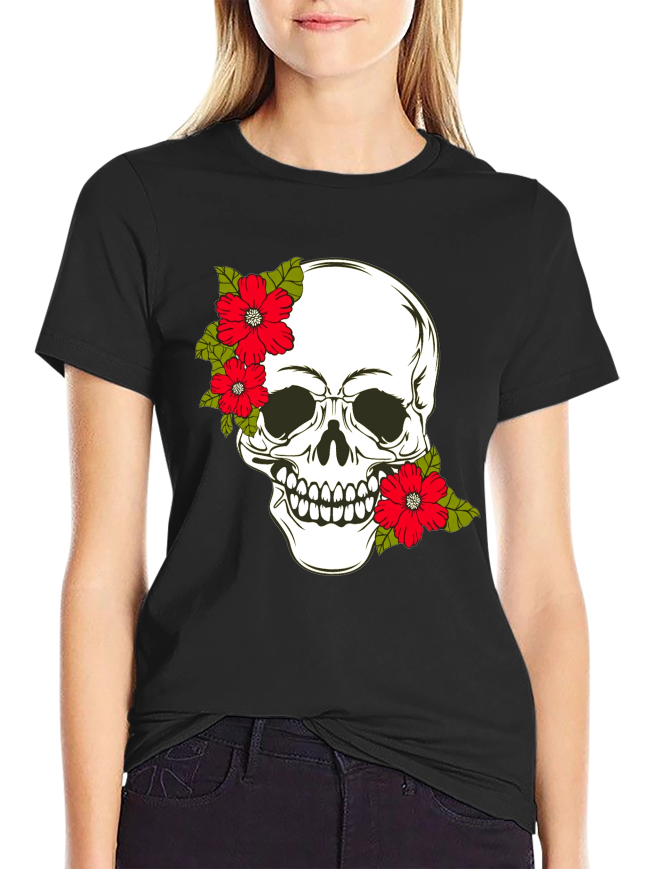 Black Skull & Floral Graphic Print Tee view 2