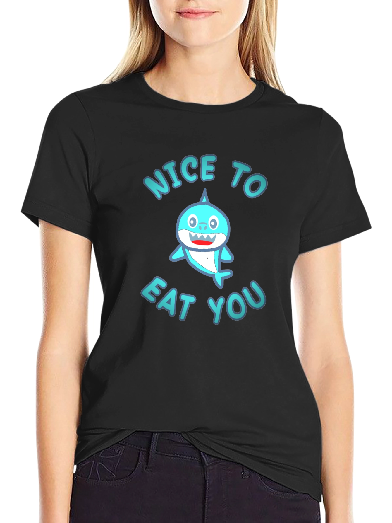 Black Funny Shark Graphic Tee - "Nice to Eat You" Black T-Shirt view 2