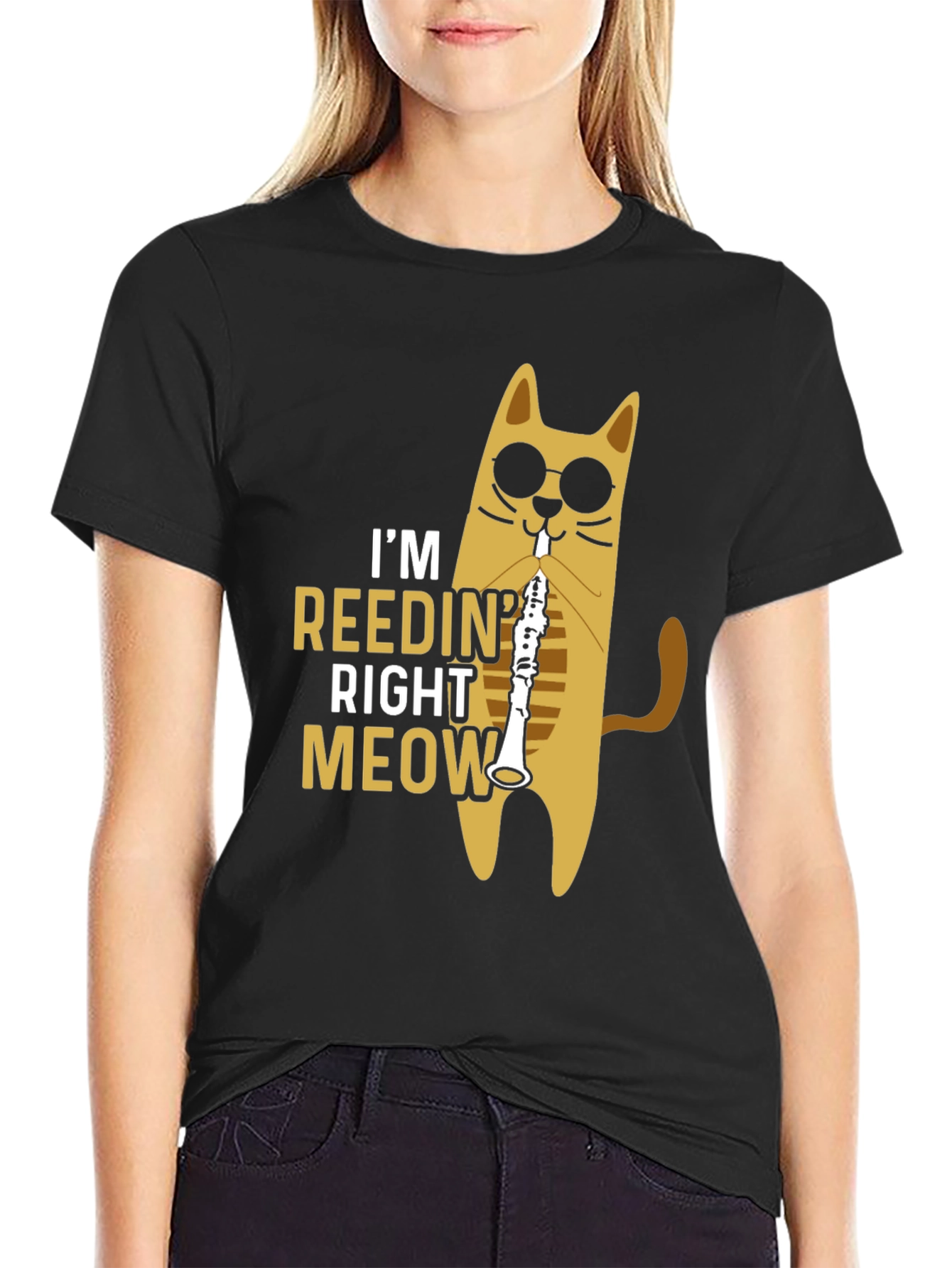 Black Cool Cat Reedin' Right Meow Black T-Shirt view 2