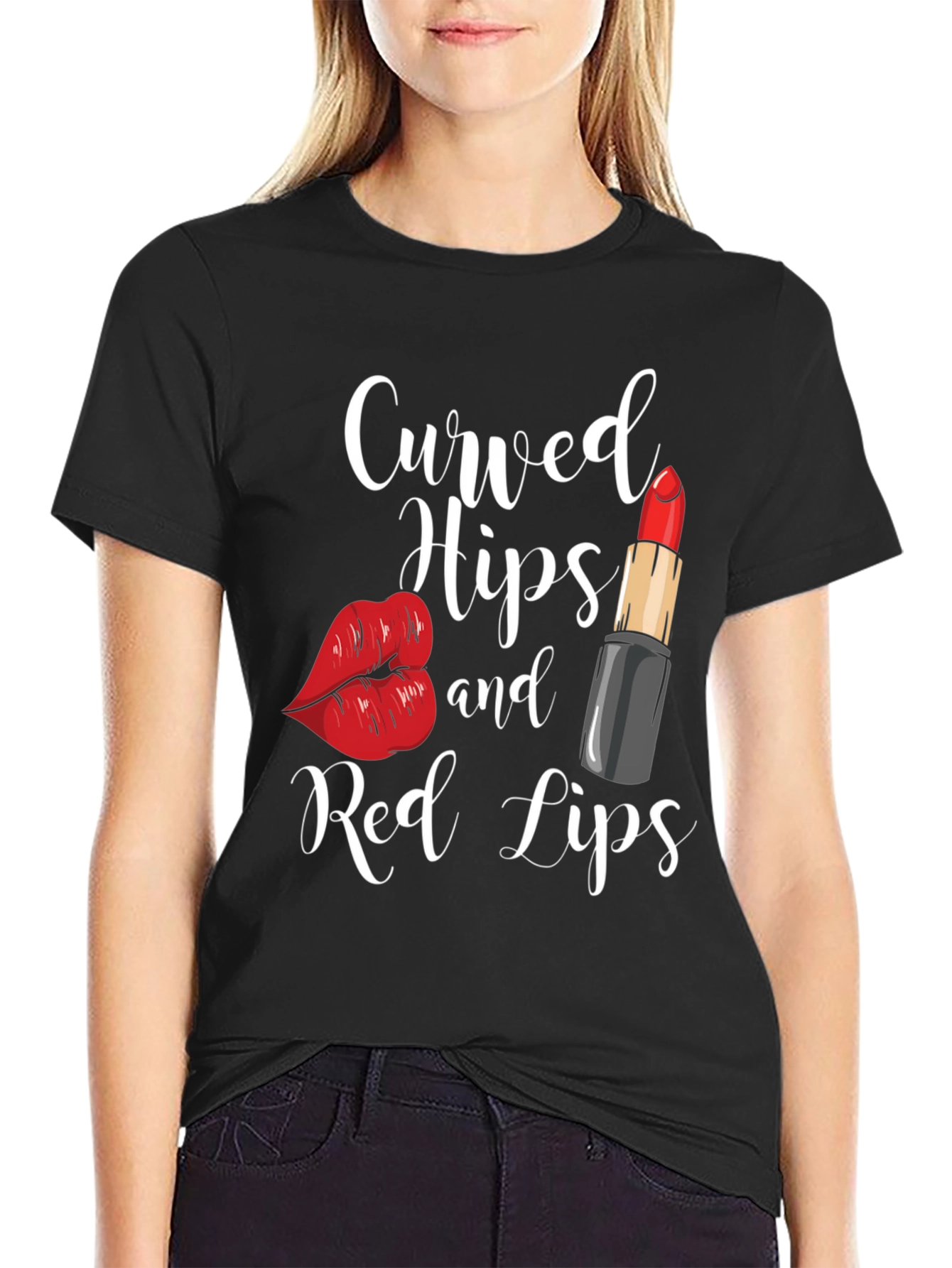 Black Curved Hips & Red Lips Graphic Tee - Black view 2